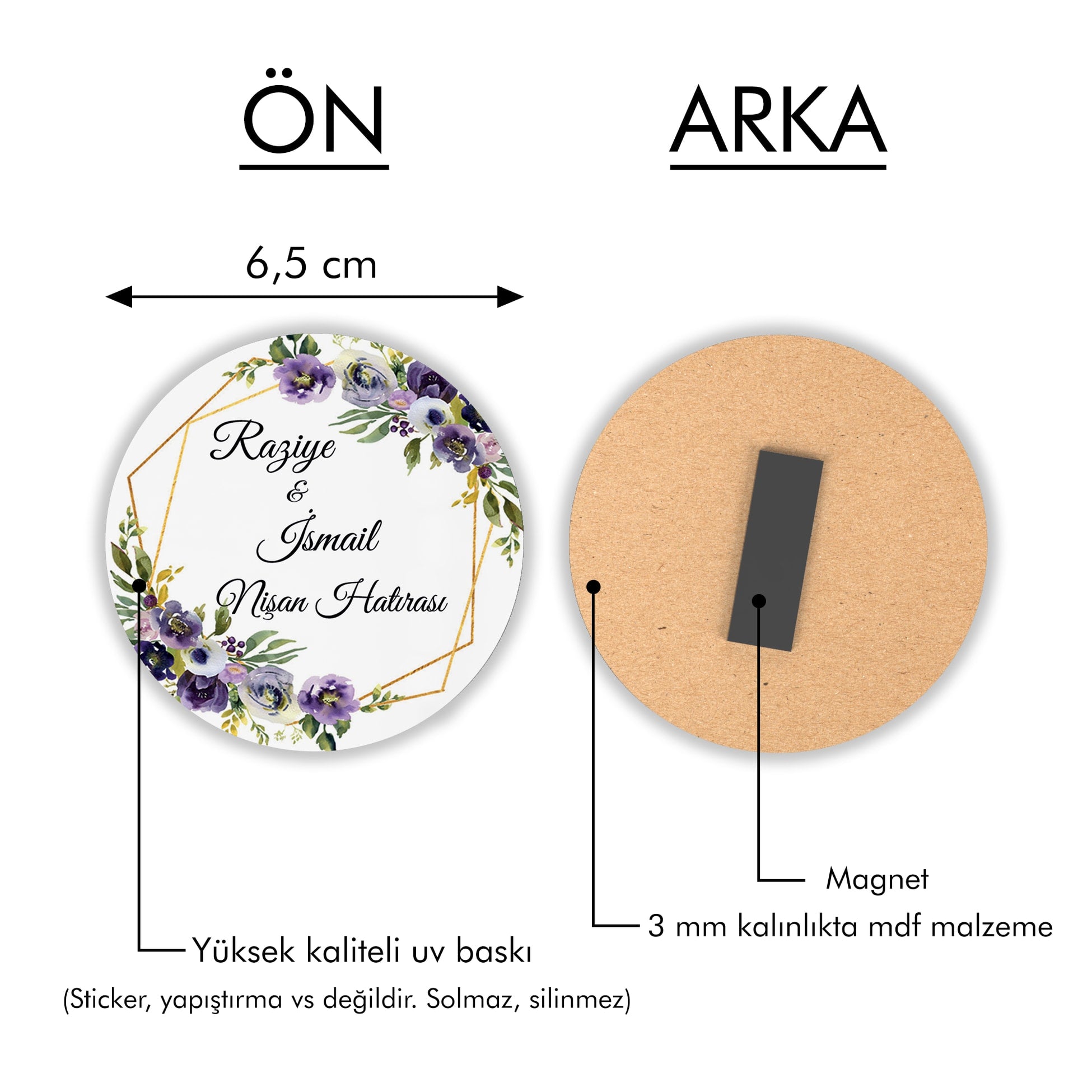 Mor Çiçek Desenli Yuvarlak Ahşap Magnet