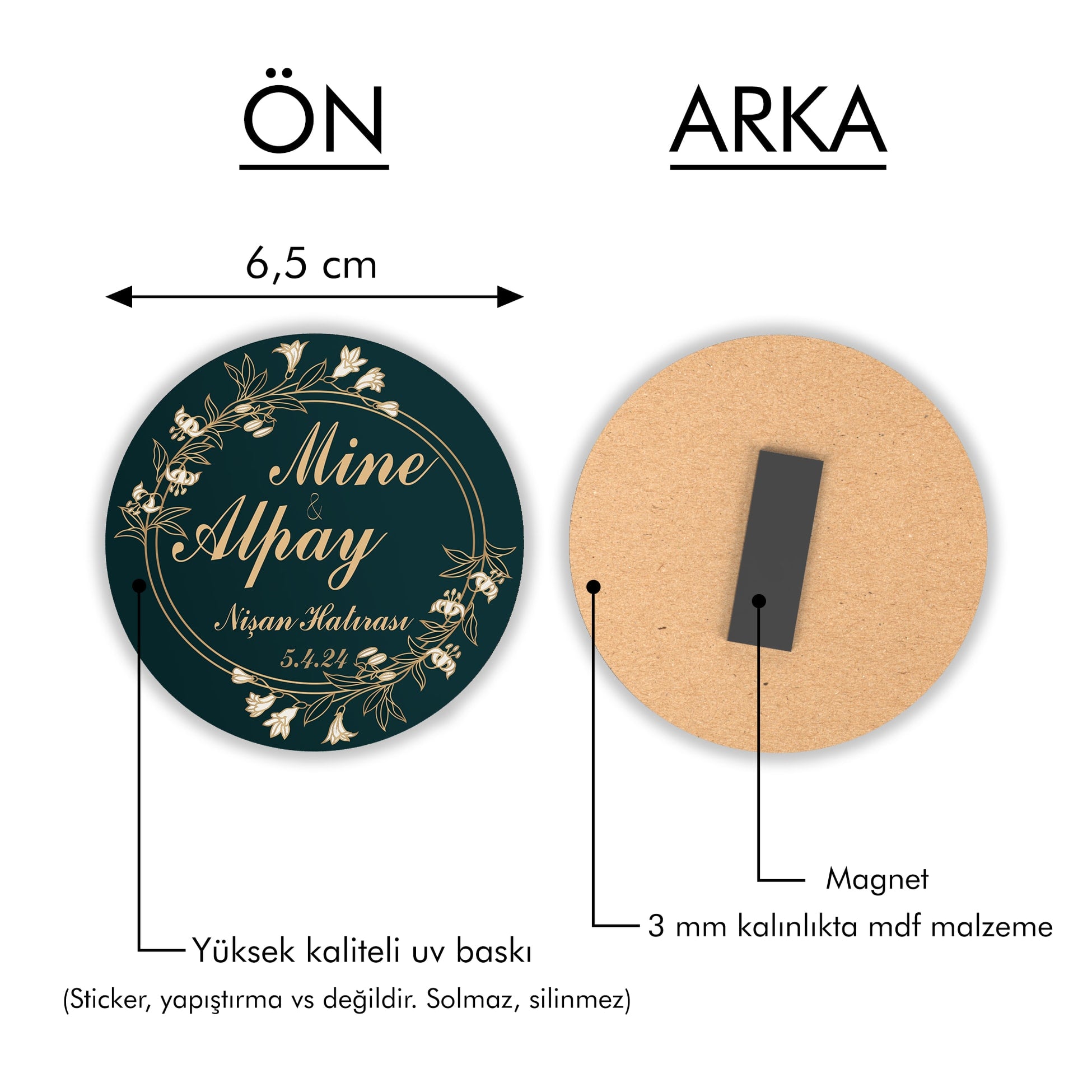 Yeşil Çiçek Çerçeveli Yuvarlak Ahşap Magnet