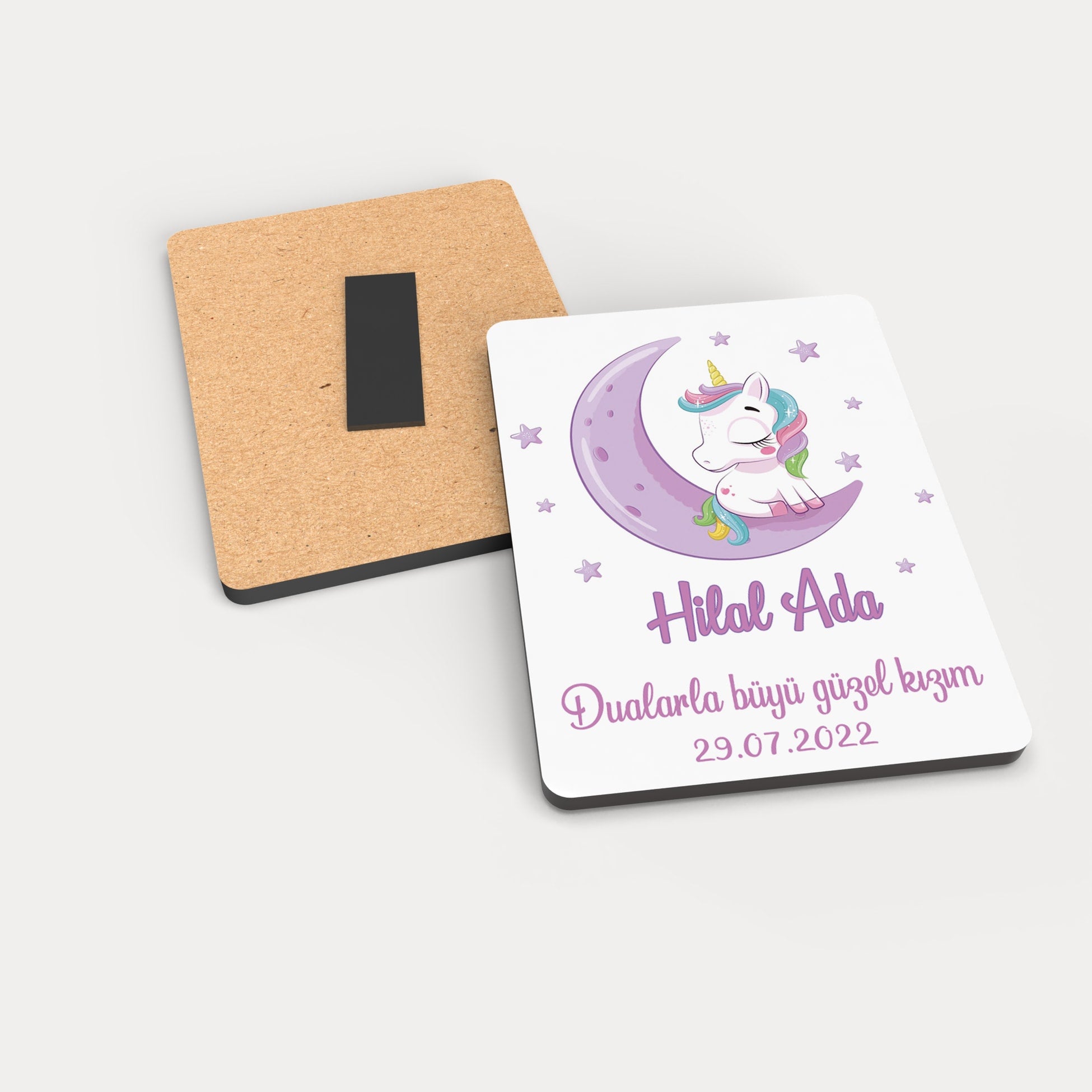 Mor Unicorn Desenli Ahşap Magnet