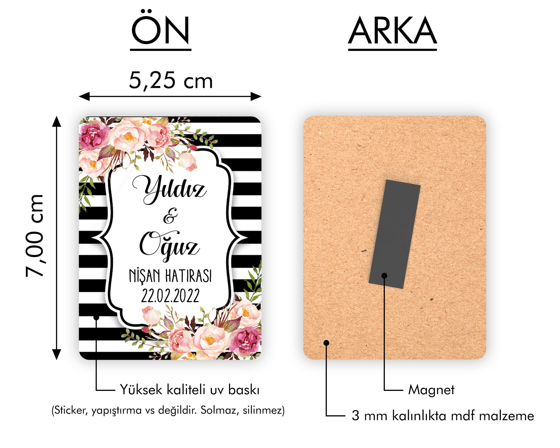 Siyah Beyaz Çizgi Renkli Çiçek Desenli Ahşap Magnet