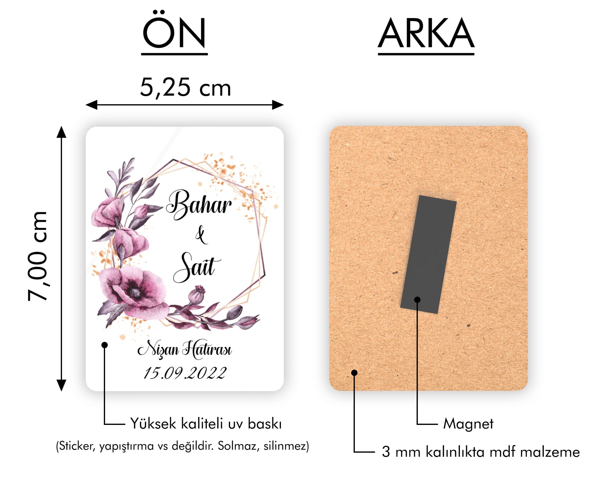 Mor Çiçek Desenli Ahşap Magnet
