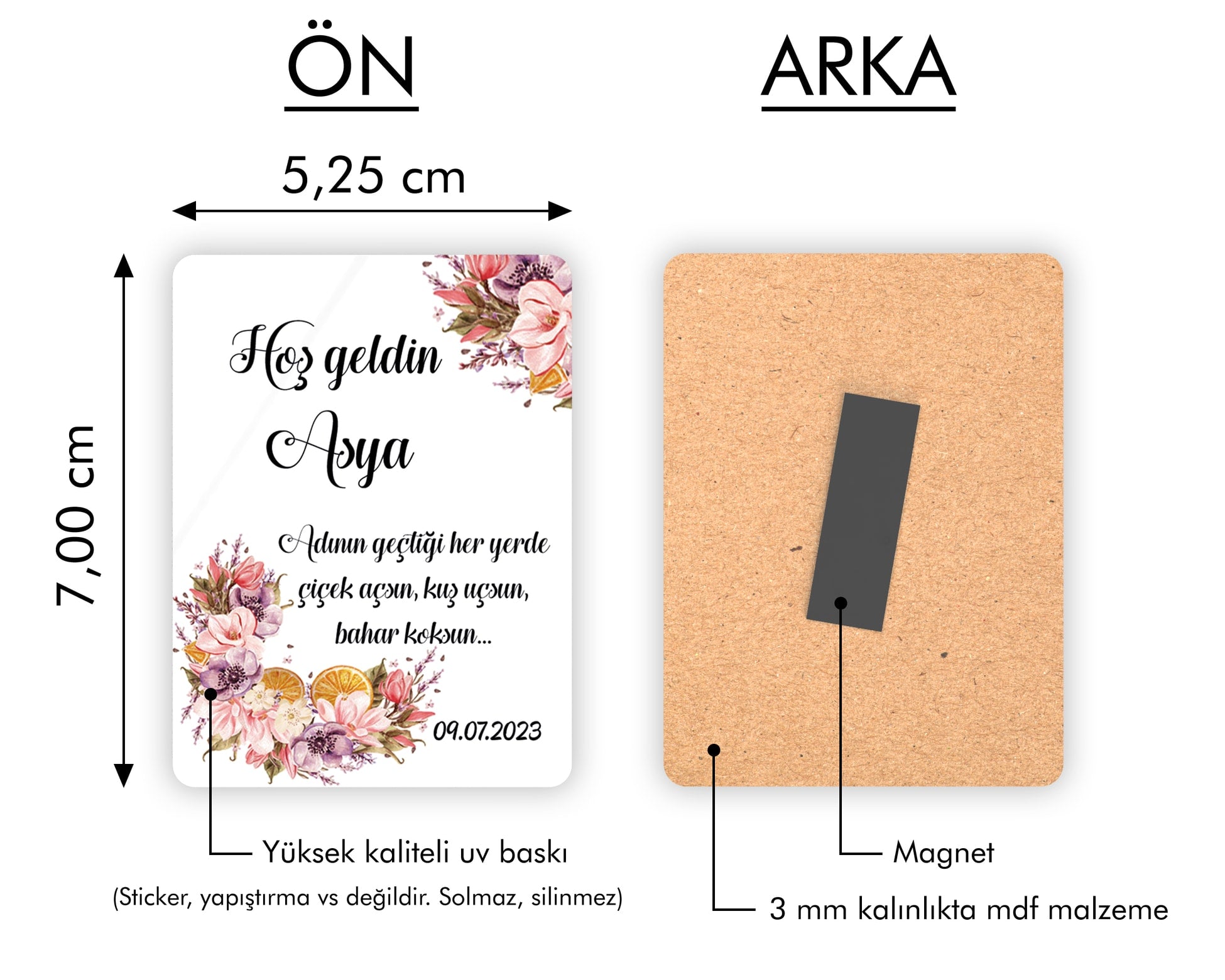 Pembe Mor Çiçek Desenli Ahşap Magnet
