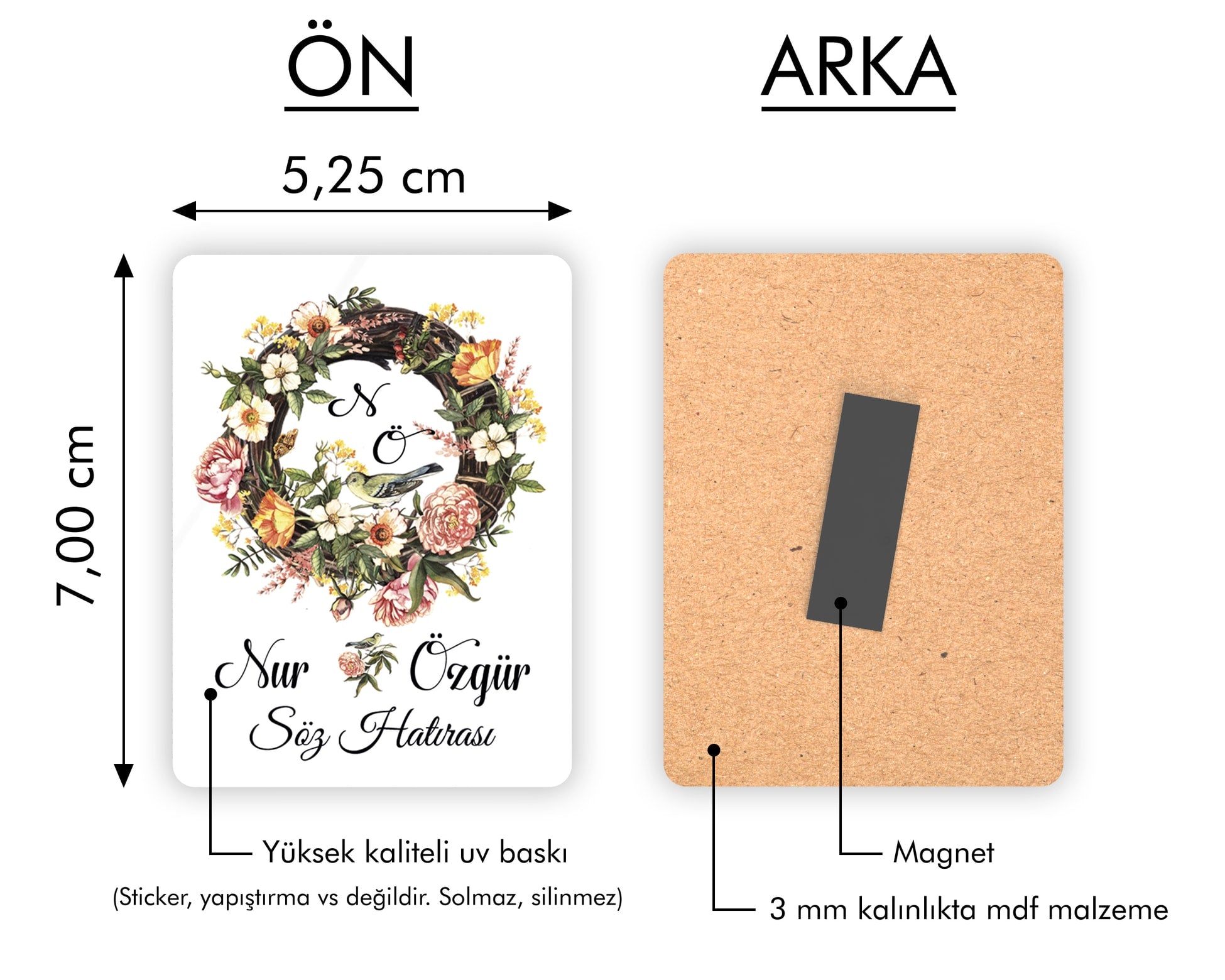 Çelenk Ve Kuş Desenli Ahşap Magnet