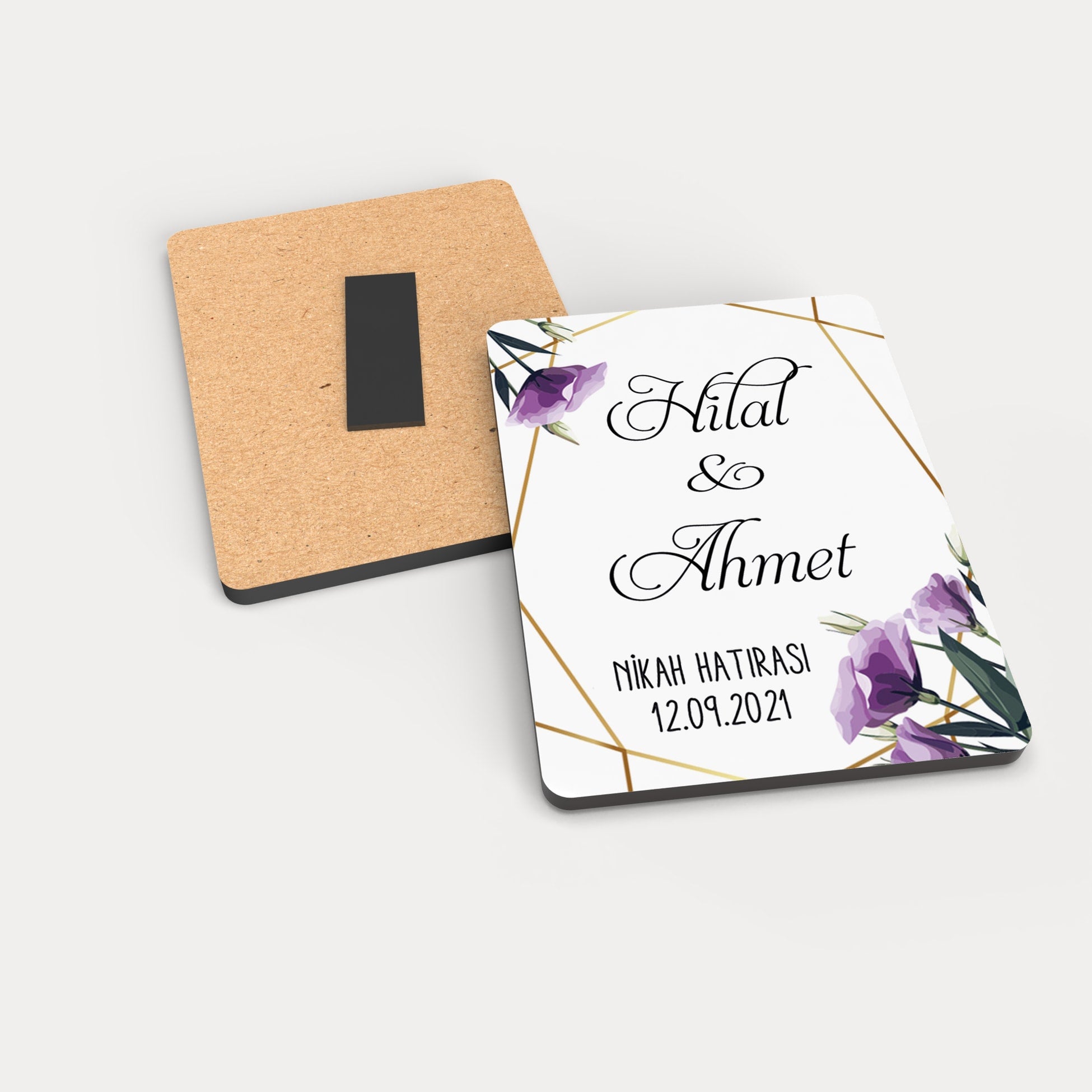 Mor Çiçek Desenli Ahşap Magnet