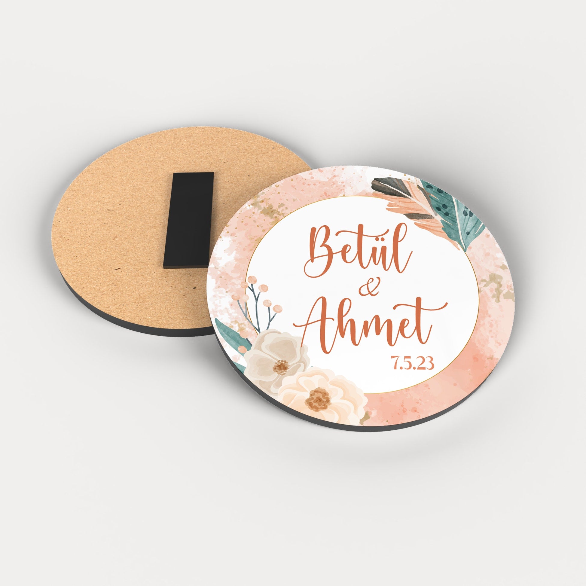 Soft Yaprak Ve Çiçek Desenli Yuvarlak Ahşap Magnet