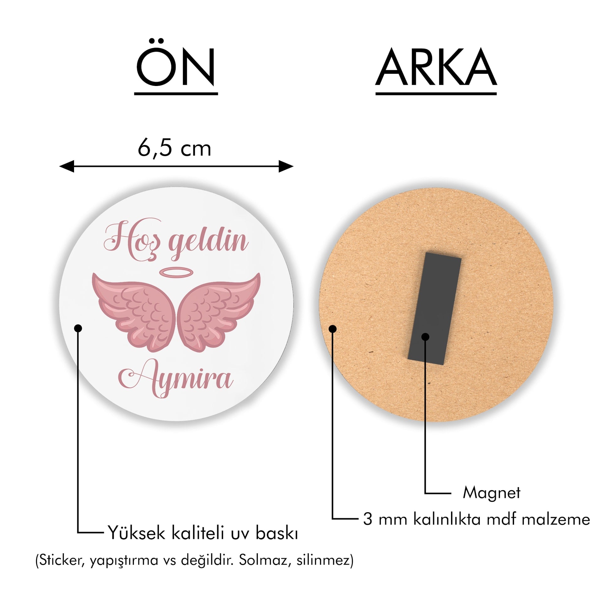 Pembe Melek Kanadı Desenli Yuvarlak Ahşap Magnet
