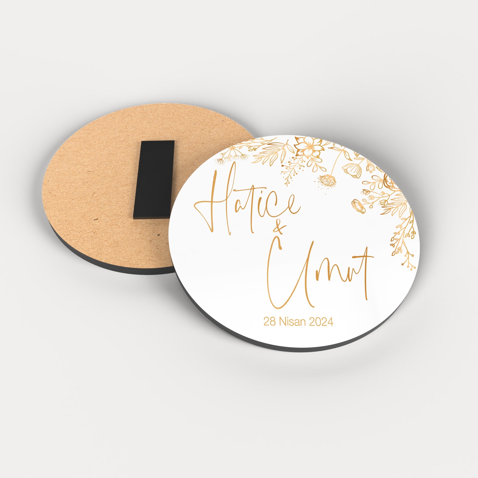 Minimal Gold Çiçek Desenli Yuvarlak Ahşap Magnet