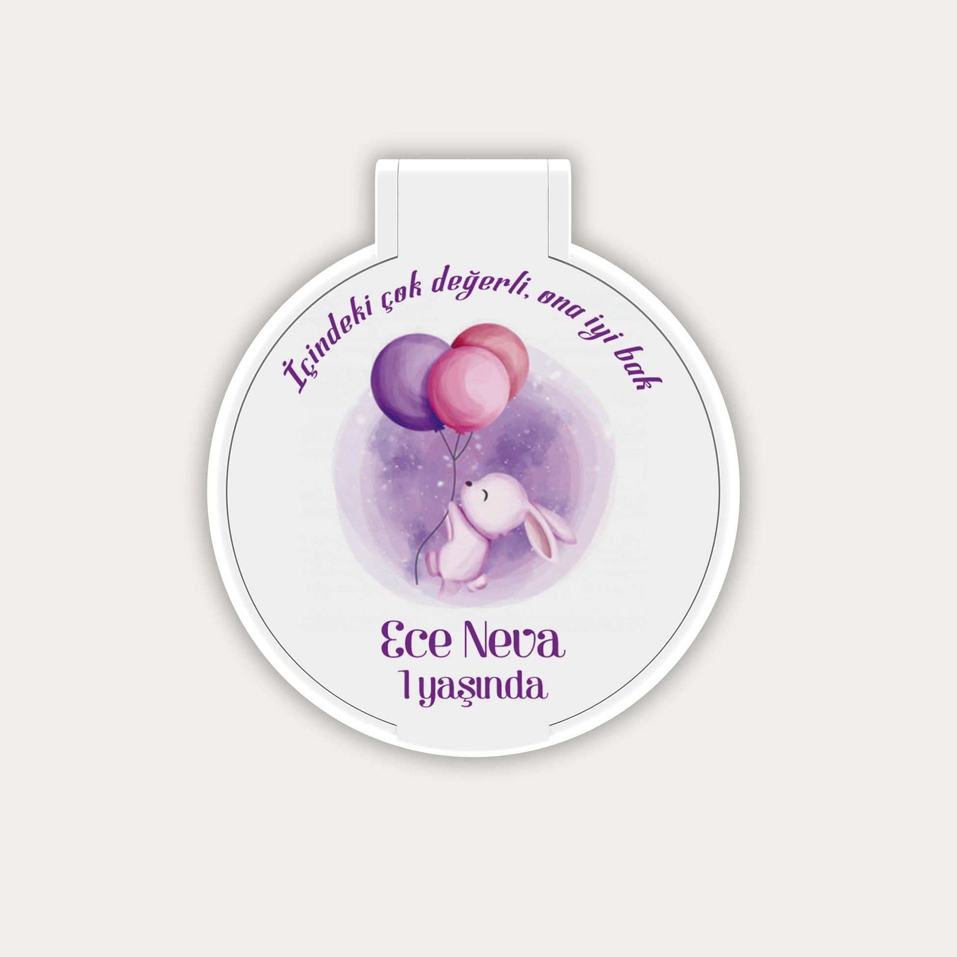 Mor Ve Pembe Balonlu Tavşan Desenli Yuvarlak Ayna