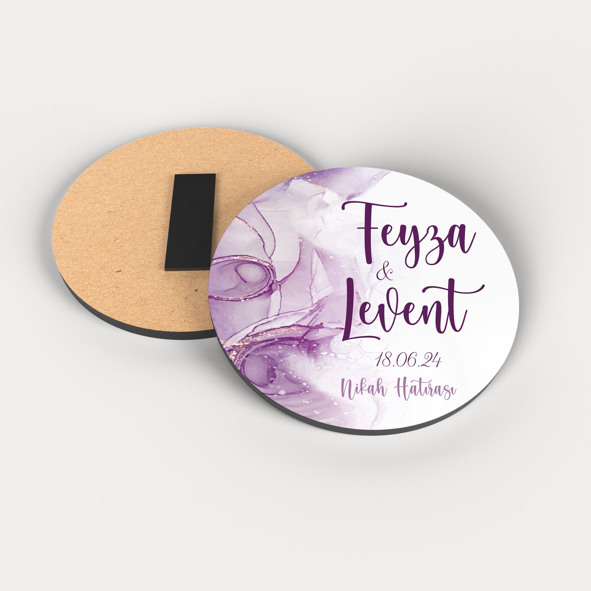 Mor Sulu Boya Desenli Yuvarlak Ahşap Magnet