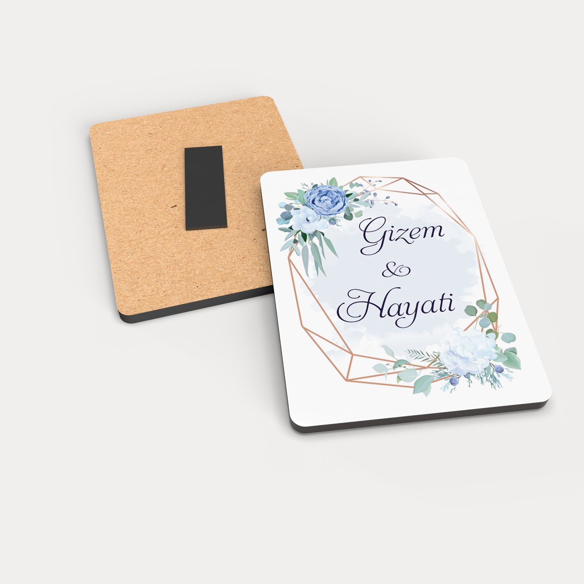 Mavi Çiçek Desenli Ahşap Magnet