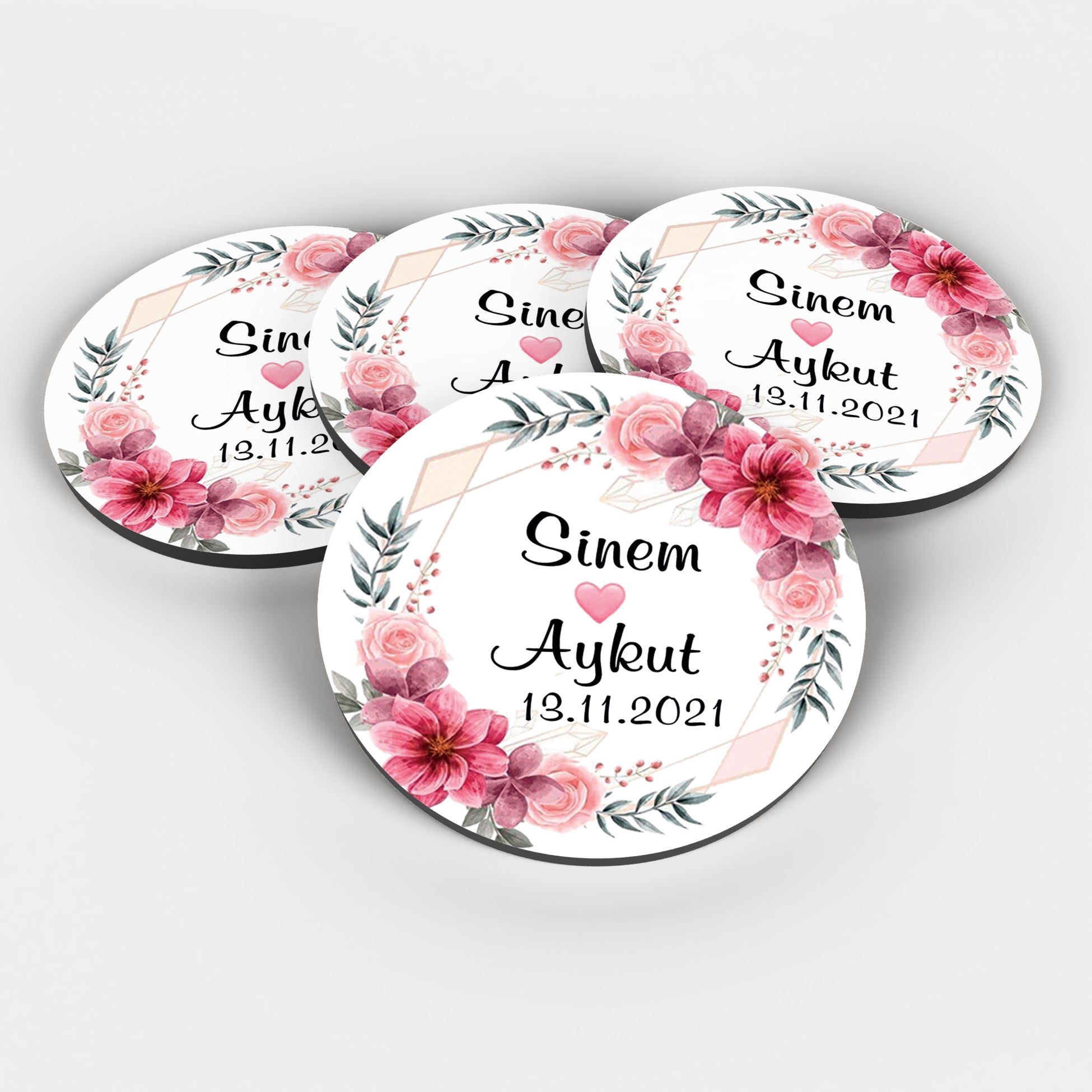 Pembe Çiçek Desenli Yuvarlak Ahşap Magnet