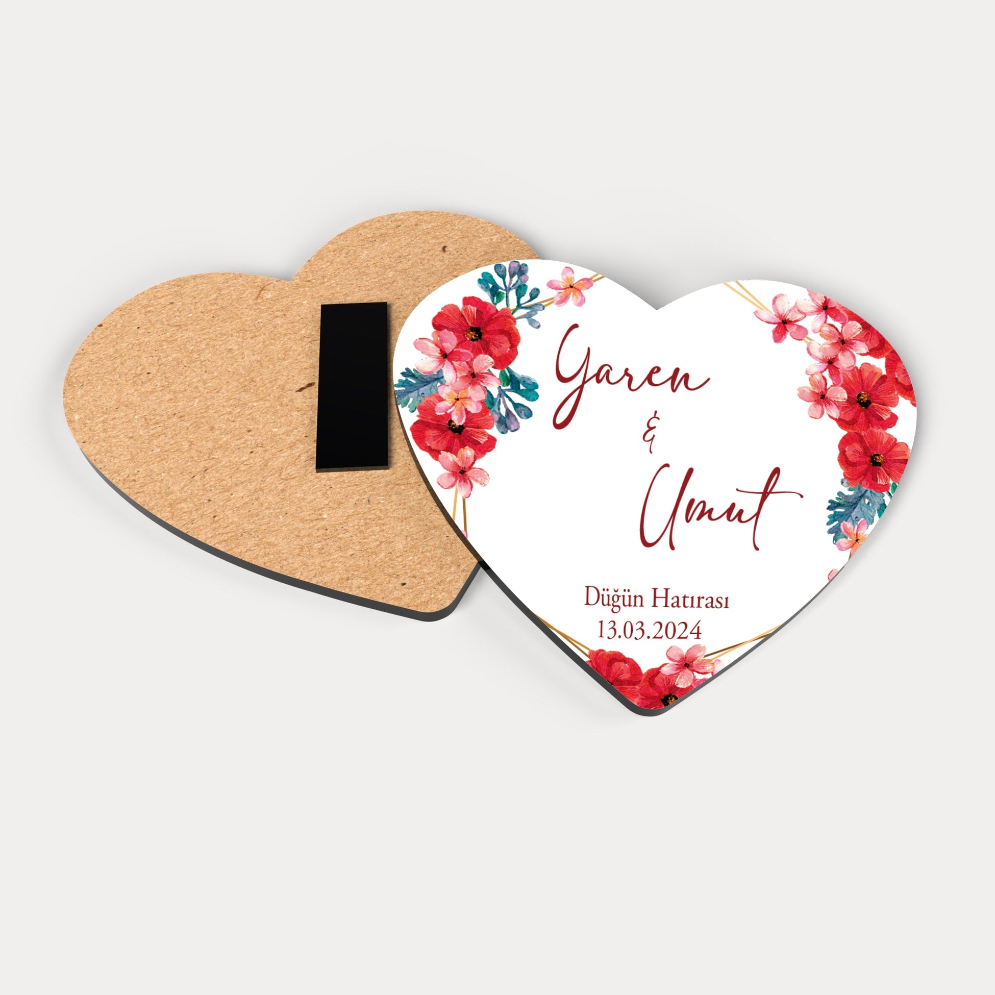Kırmızı Çiçek Desenli Ahşap Magnet