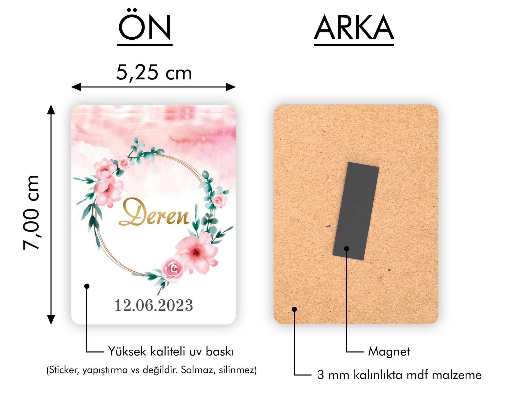 Pembe Çiçek Desenli Ahşap Magnet