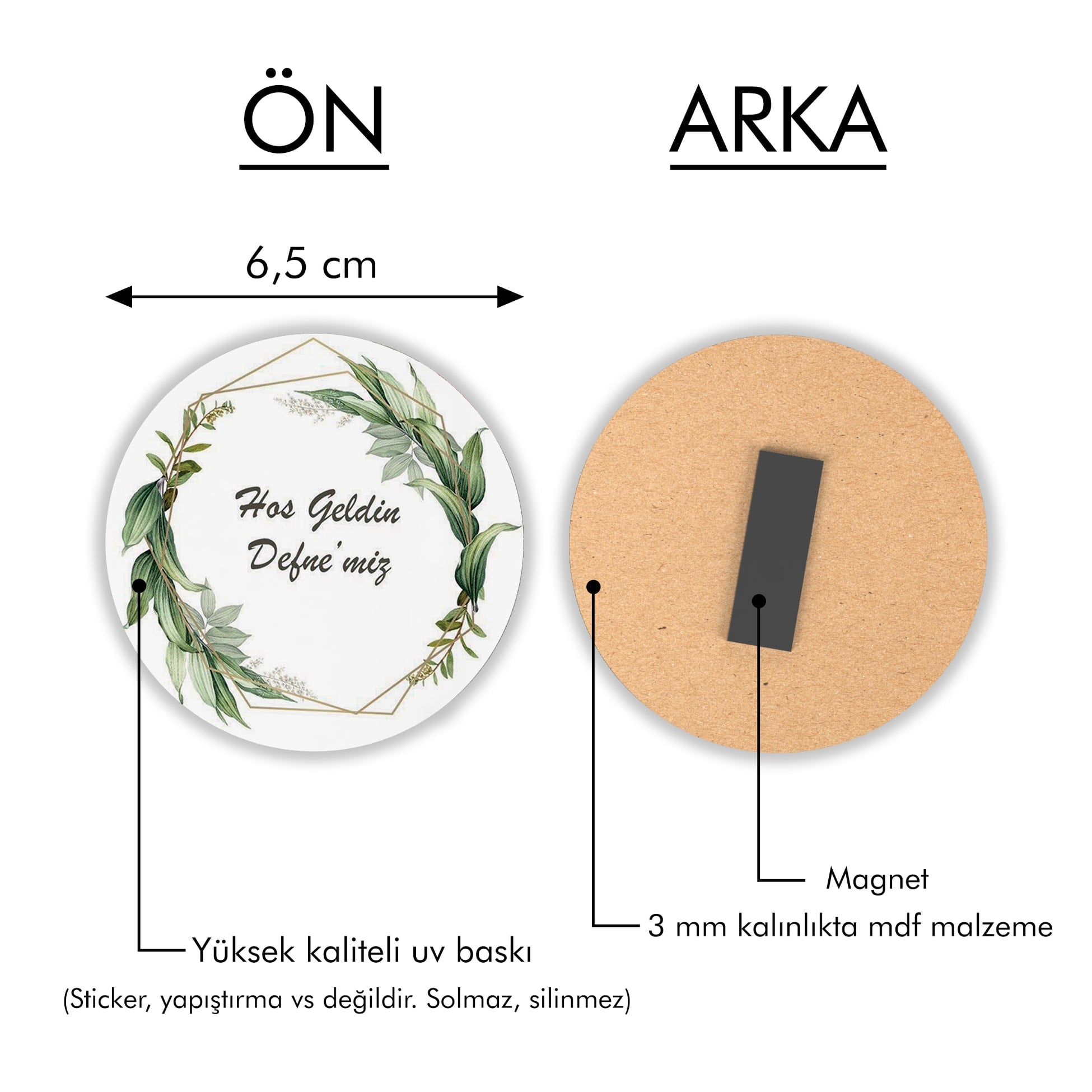 Yapraklı Çelenk Desenli Yuvarlak Ahşap Magnet