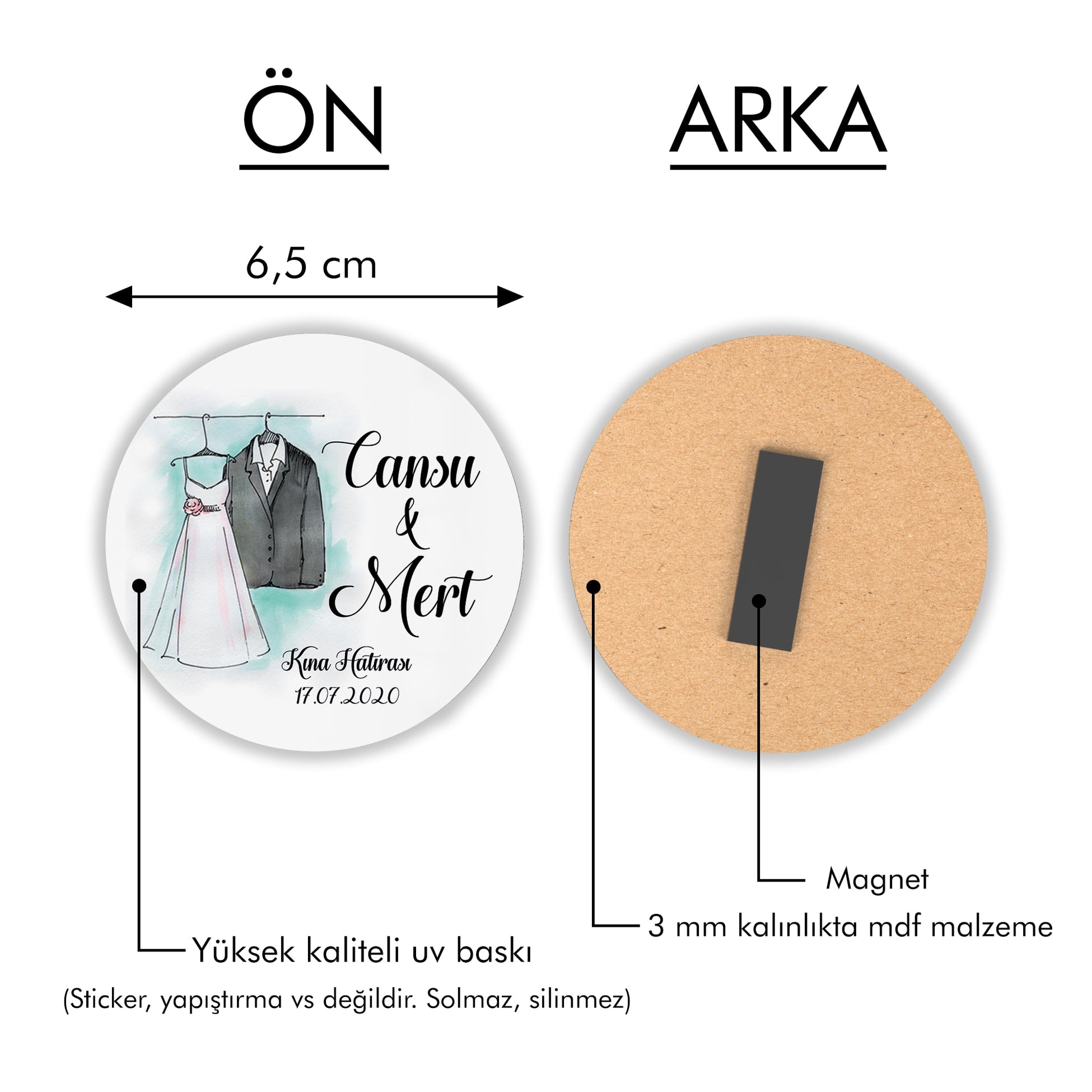 Gelinlik Ve Damatlık Desenli Yuvarlak Ahşap Magnet