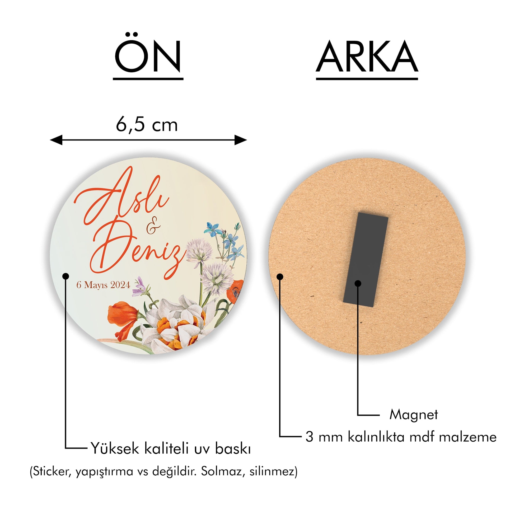 Renkli Çiçek Desenli Yuvarlak Ahşap Magnet