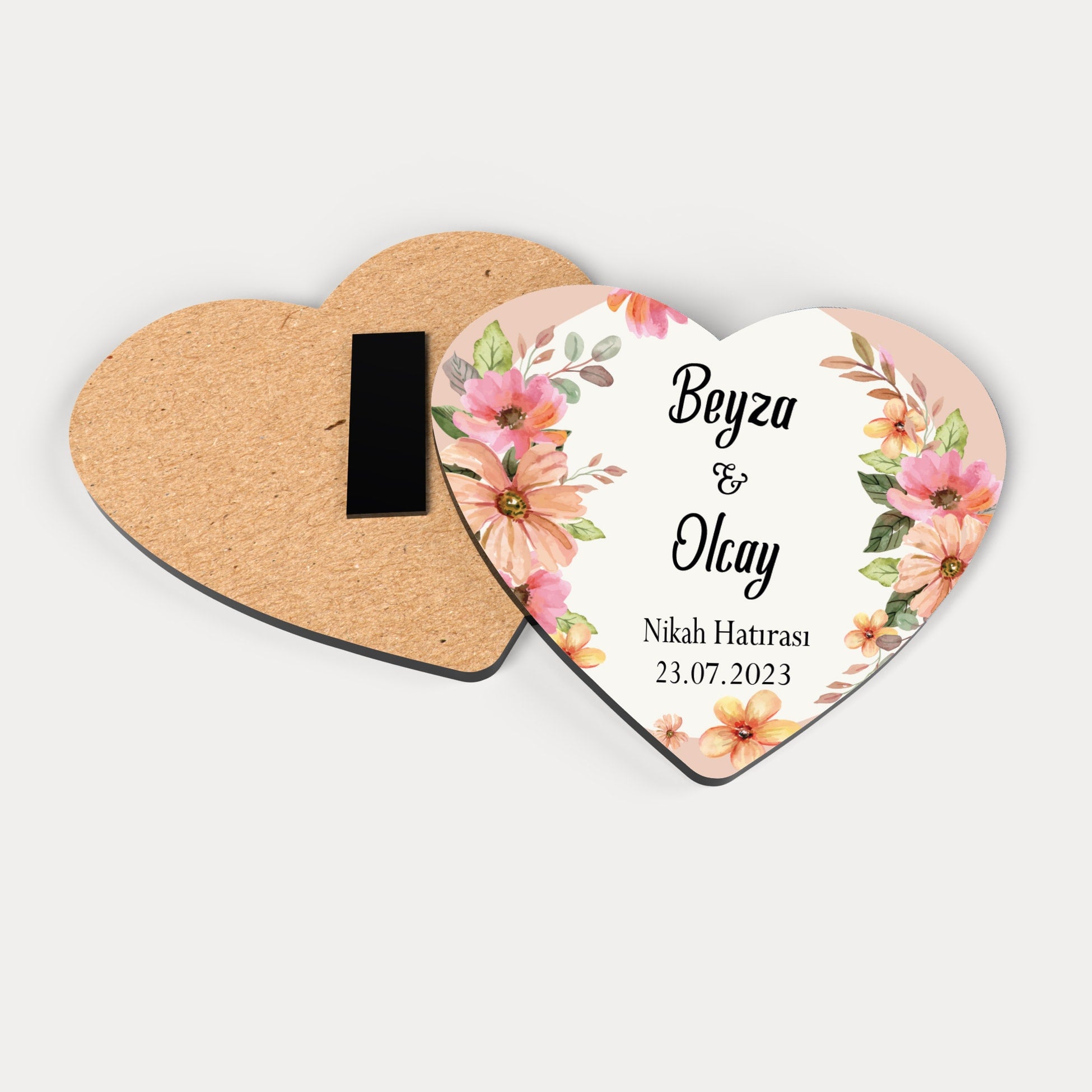 Pembe Turuncu Çiçekli Ahşap Magnet