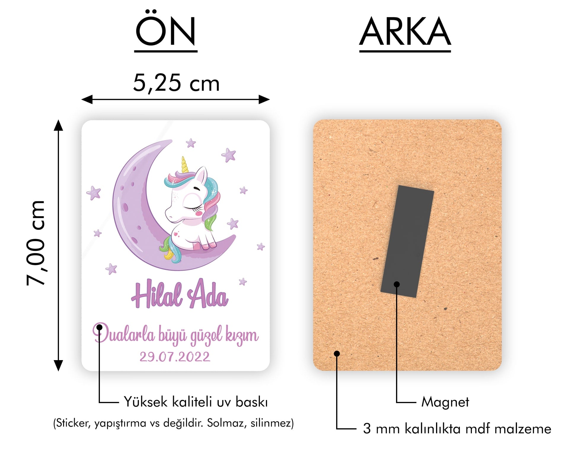Mor Unicorn Desenli Ahşap Magnet