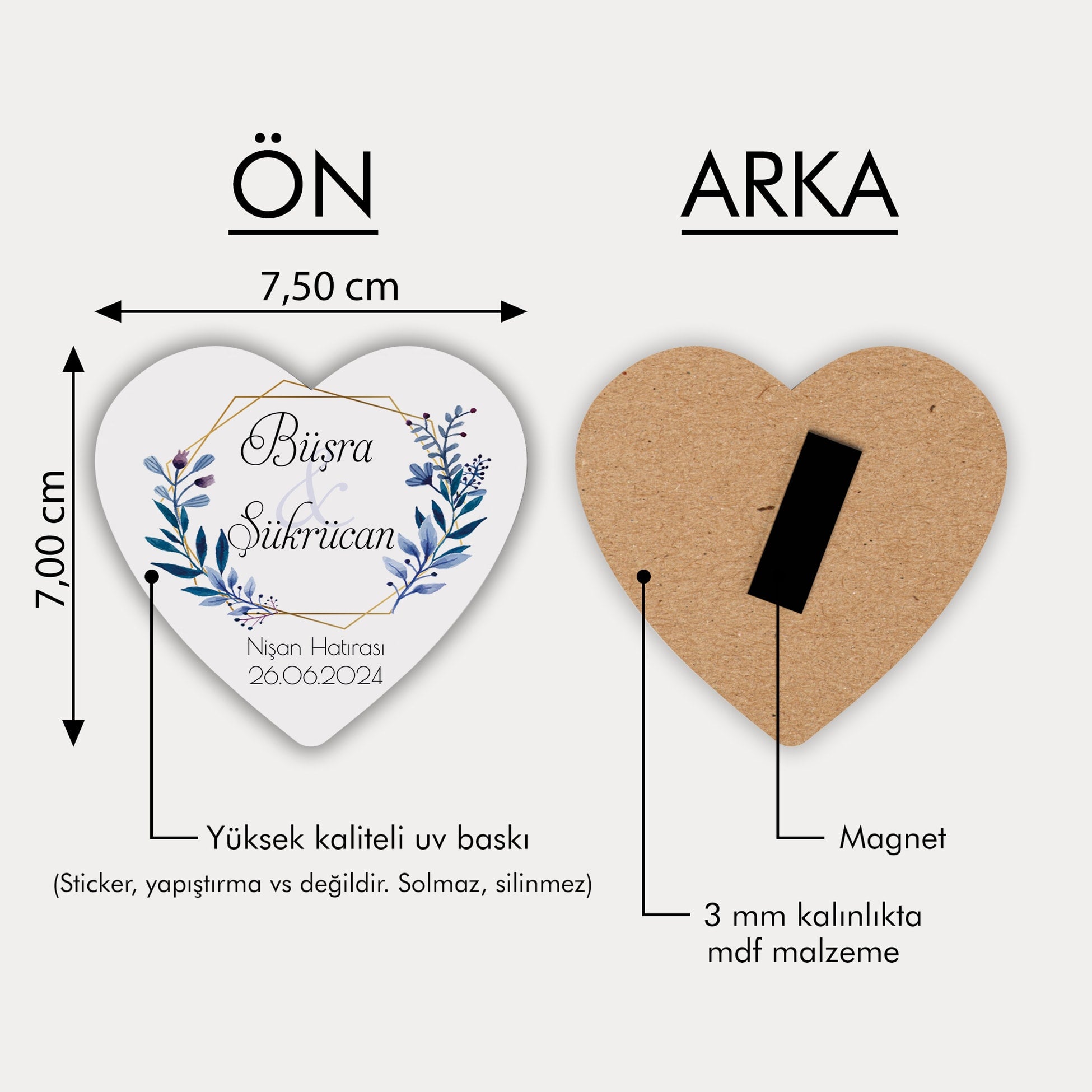 Mavi Çiçek Desenli Ahşap Magnet