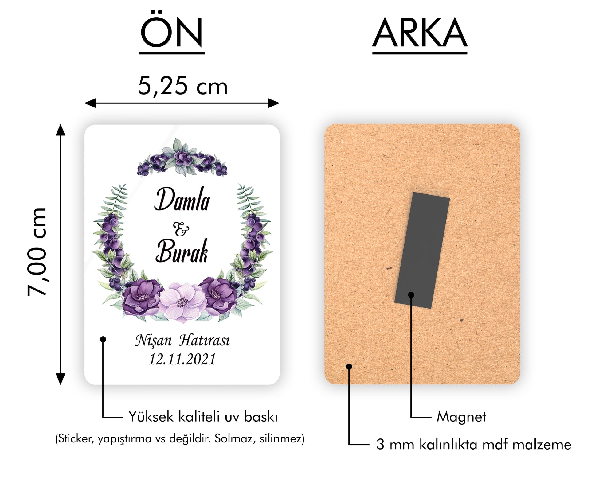 Mor Çiçek Çelenk Desenli Ahşap Magnet