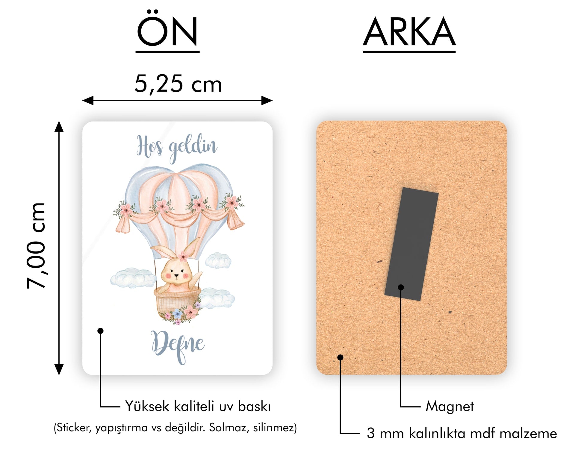 Uçan Balonda Tavşan Desenli Ahşap Magnet