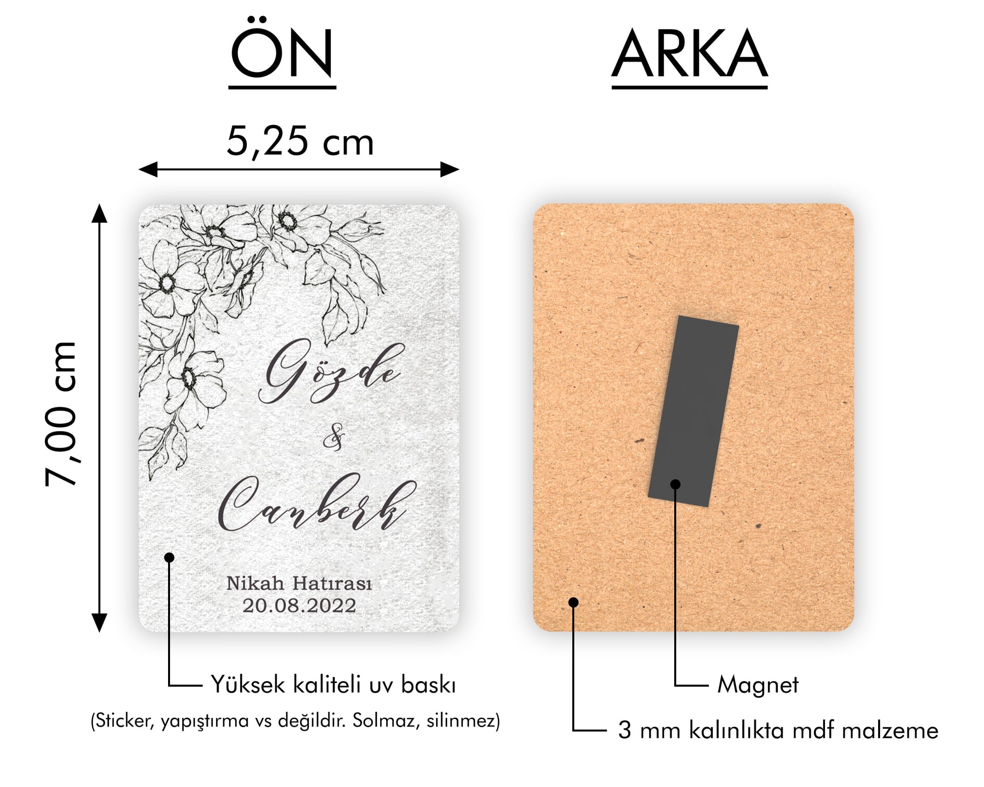 Siyah Çiçek Desenli Ahşap Magnet