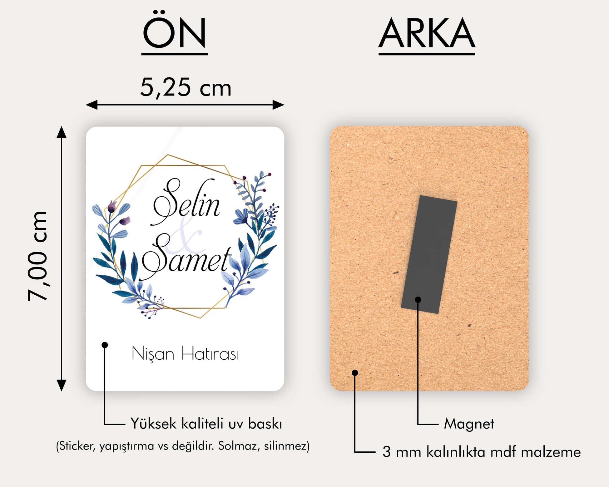 Mavi Çiçek Desenli Ahşap Magnet