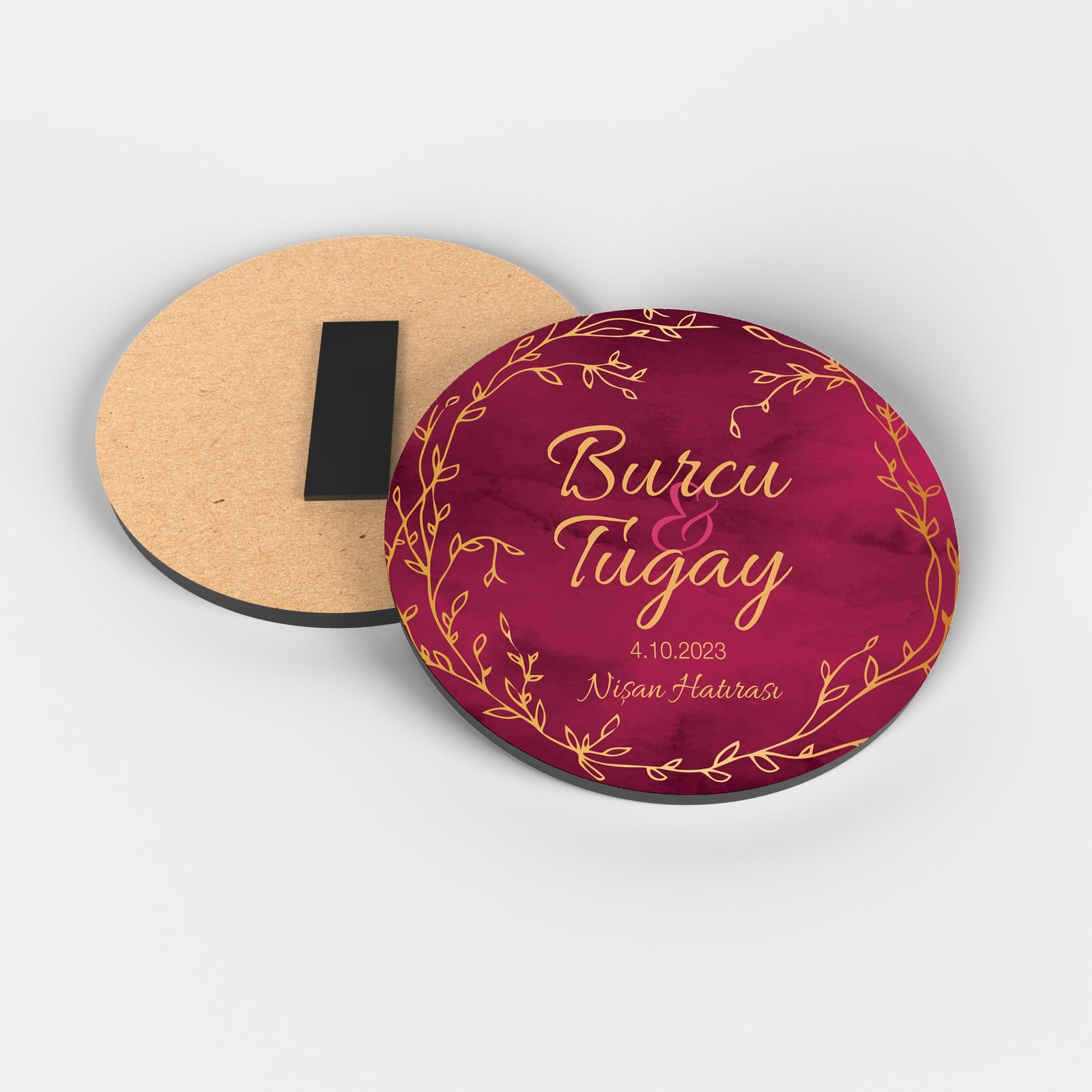 Minimal Gold Çiçek Çerçeve Yuvarlak Ahşap Magnet