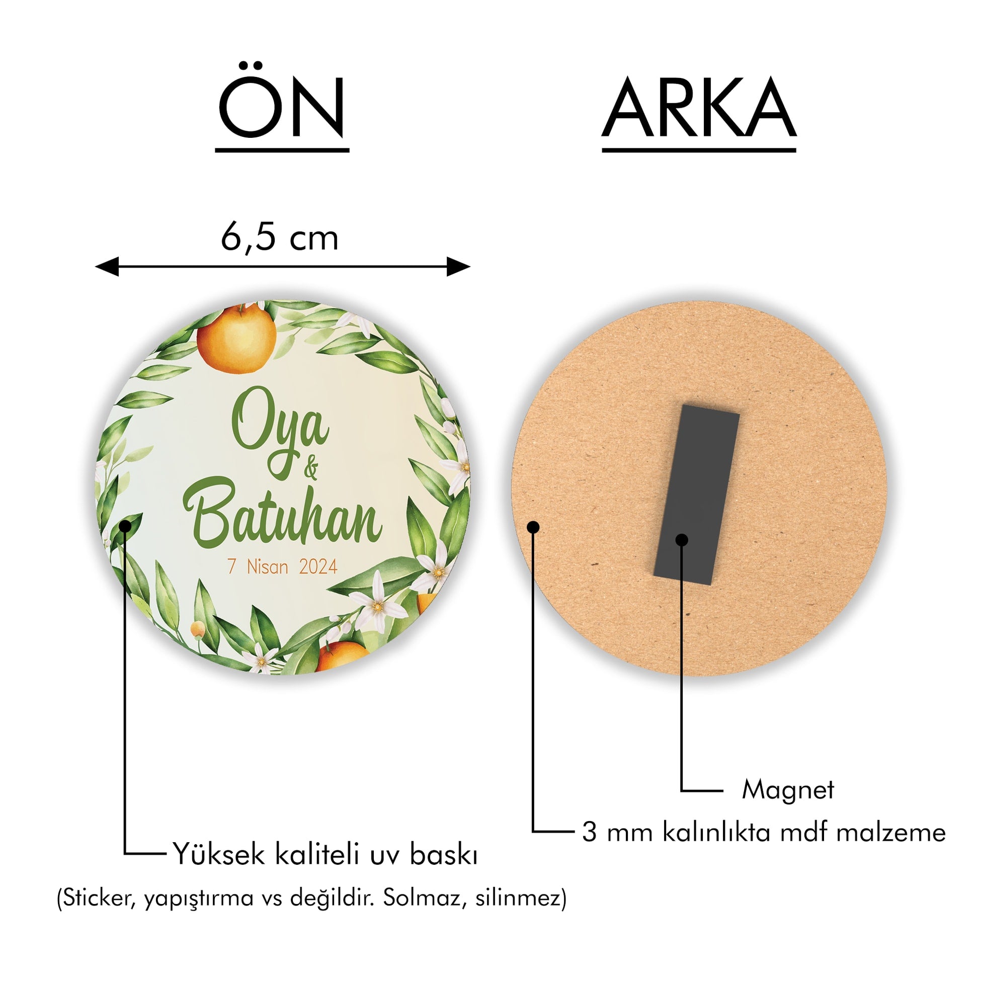 Portakal Yeşil Çerçeve Desenli Yuvarlak Ahşap Magnet