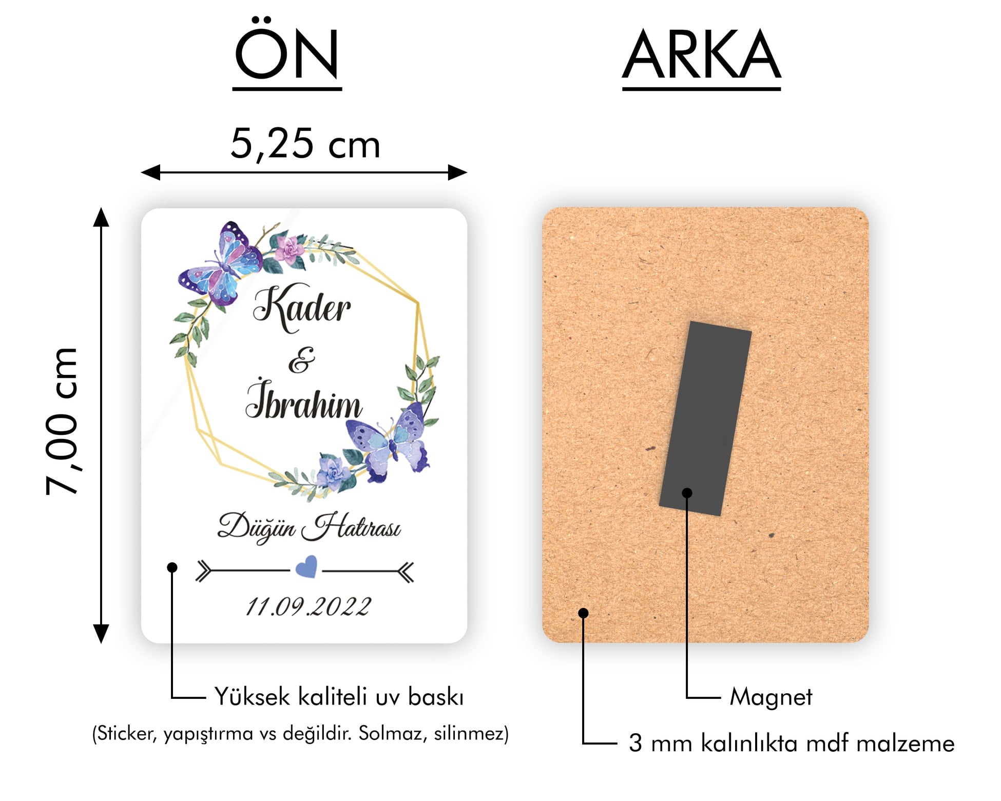 Mavi Kelebekli Çelenk Desenli Ahşap Magnet