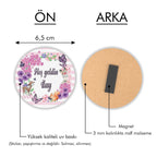 Pembe Mor Çiçek Desenli Yuvarlak Ahşap Magnet