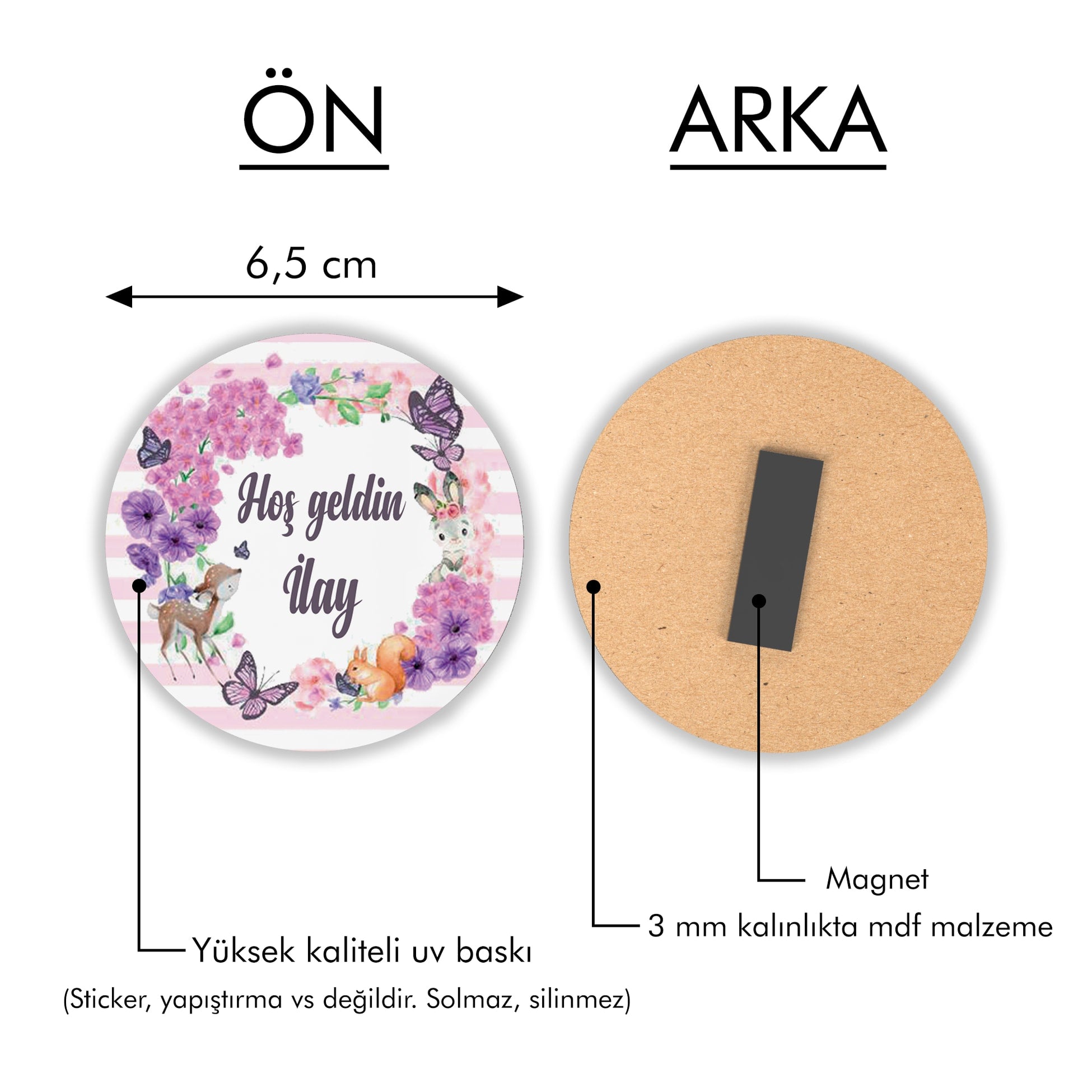 Pembe Mor Çiçek Desenli Yuvarlak Ahşap Magnet