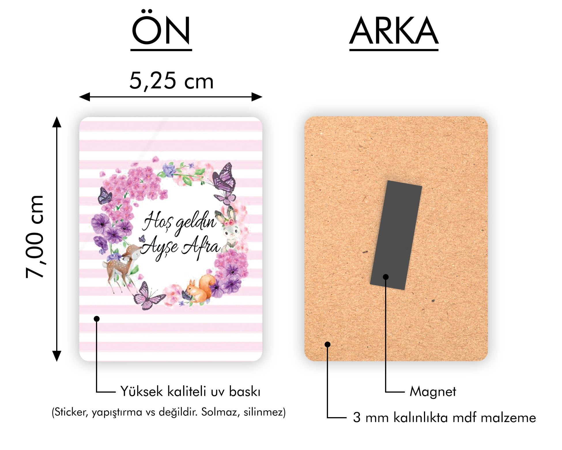Pembe Mor Çiçek Desenli Ahşap Magnet