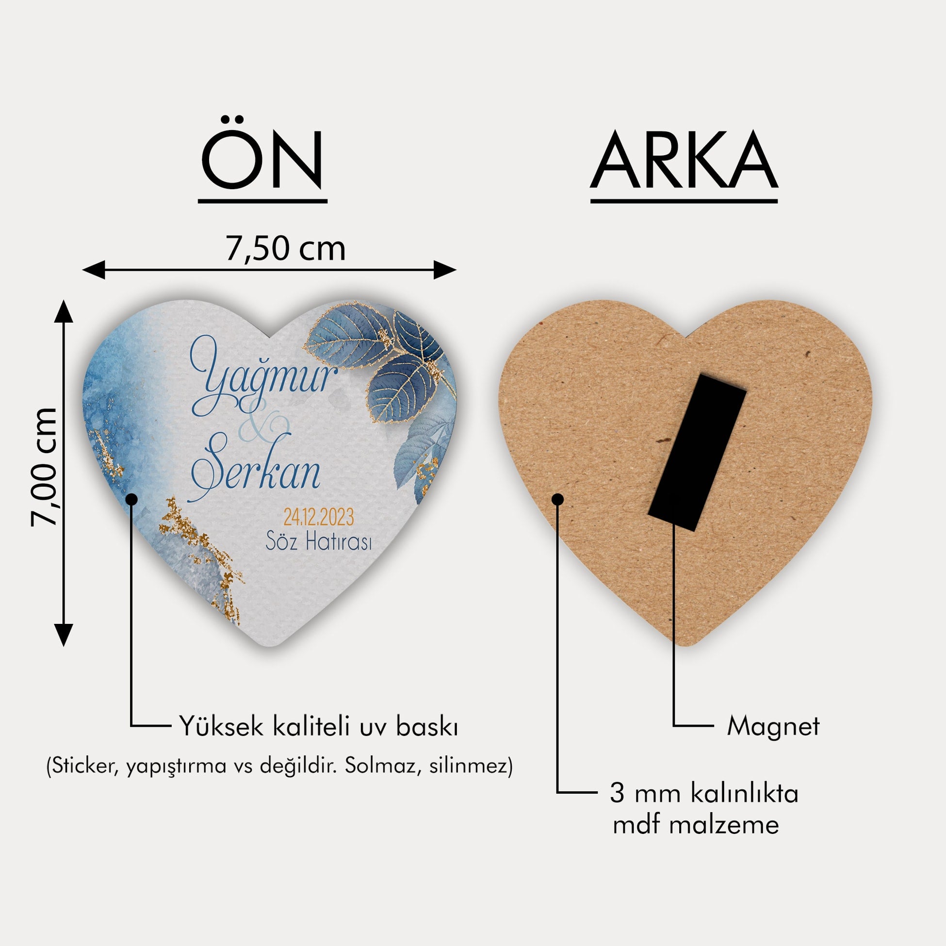 Mavi Yaprak Desenli Ahşap Magnet