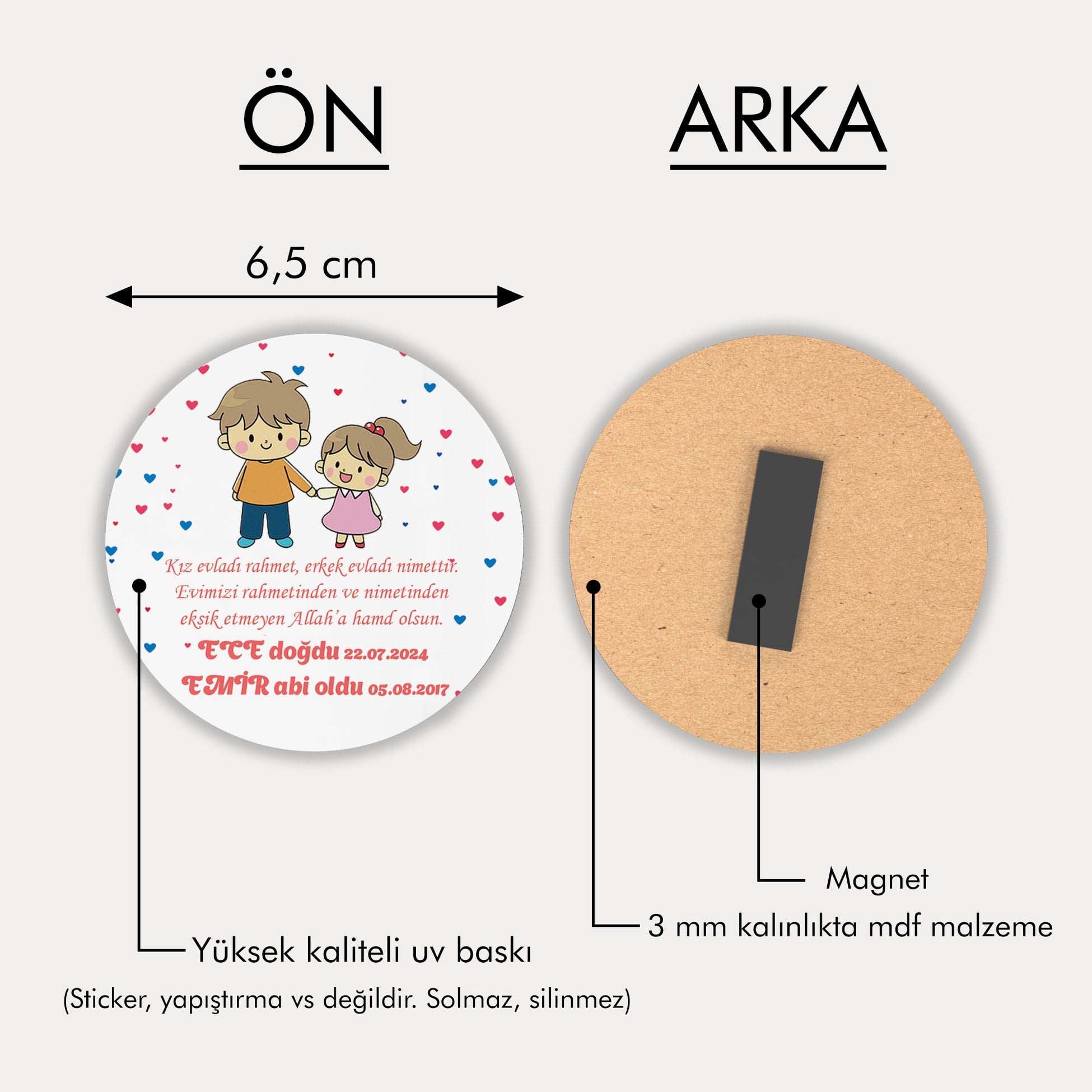 Abi Kardeş Desenli Yuvarlak Ahşap Magnet