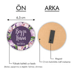 Mor Çiçek Desenli Yuvarlak Ahşap Magnet