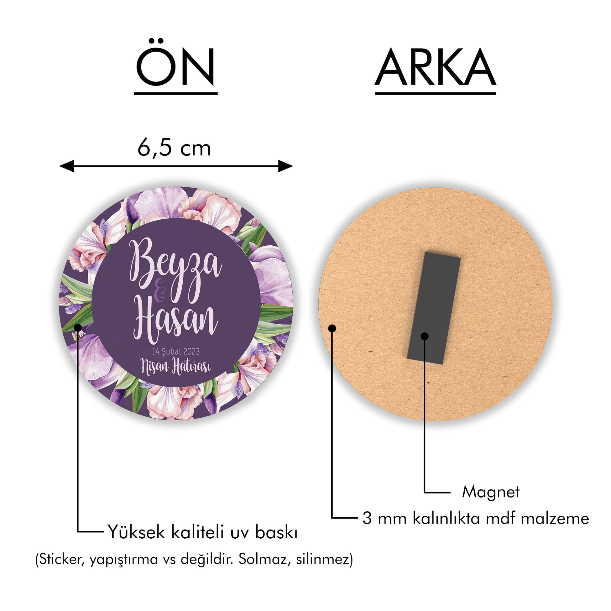 Mor Çiçek Desenli Yuvarlak Ahşap Magnet