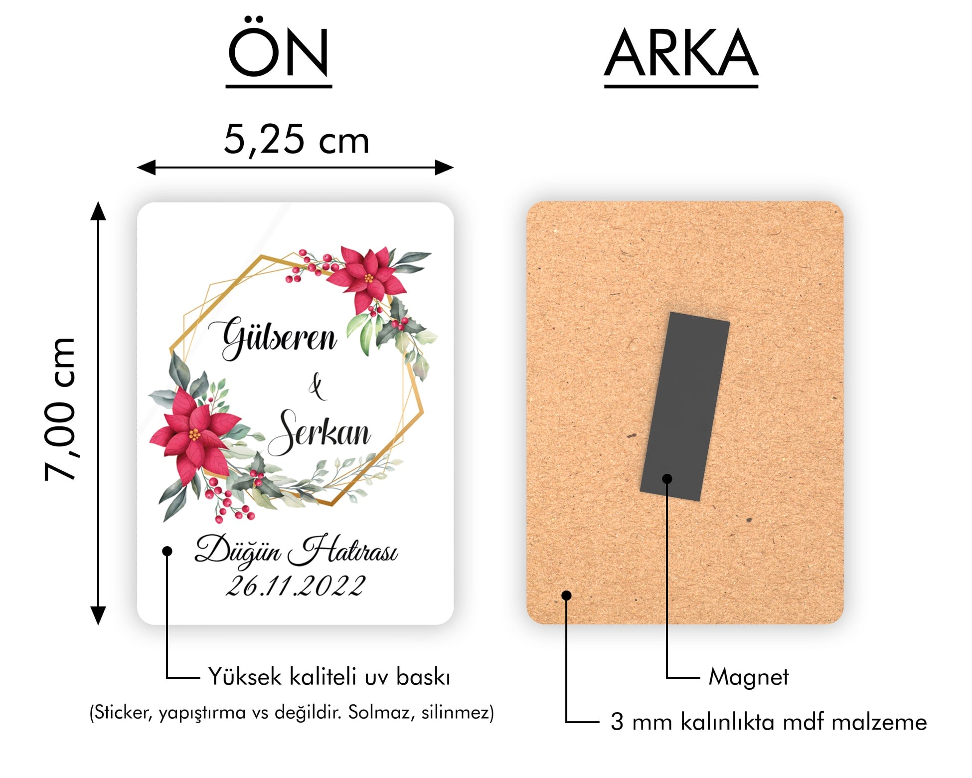 Kırmızı Çiçek Desenli Ahşap Magnet
