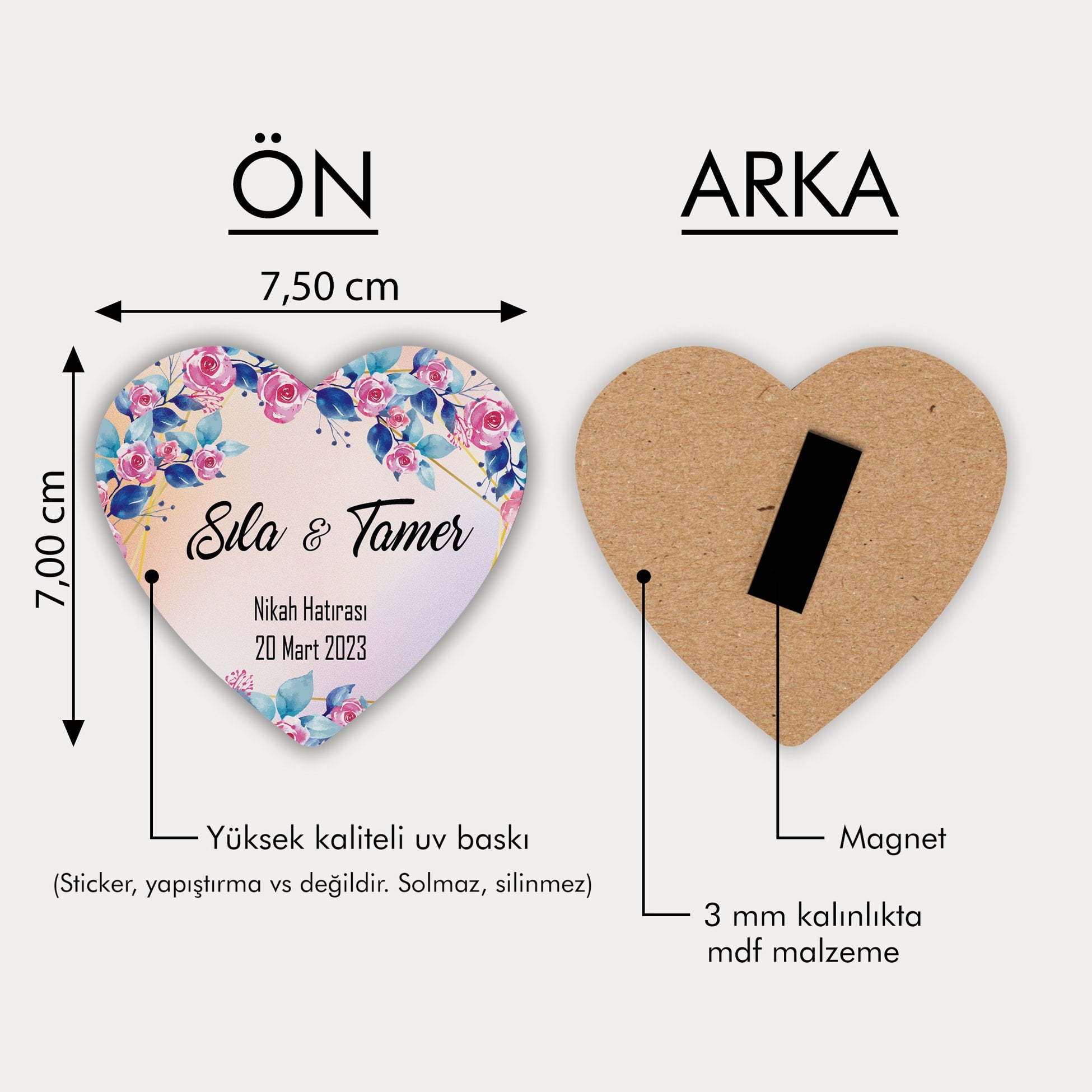Pembe Mavi Çiçek Desenli Ahşap Magnet