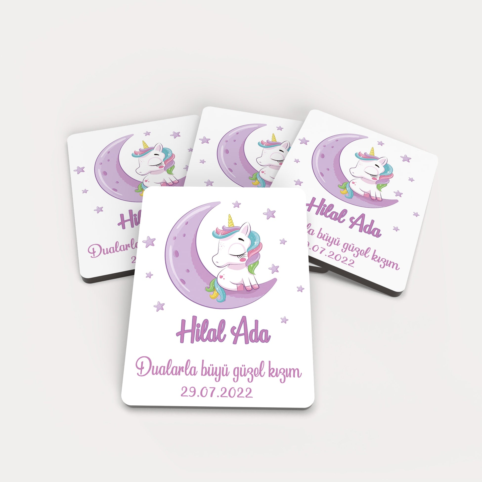 Mor Unicorn Desenli Ahşap Magnet