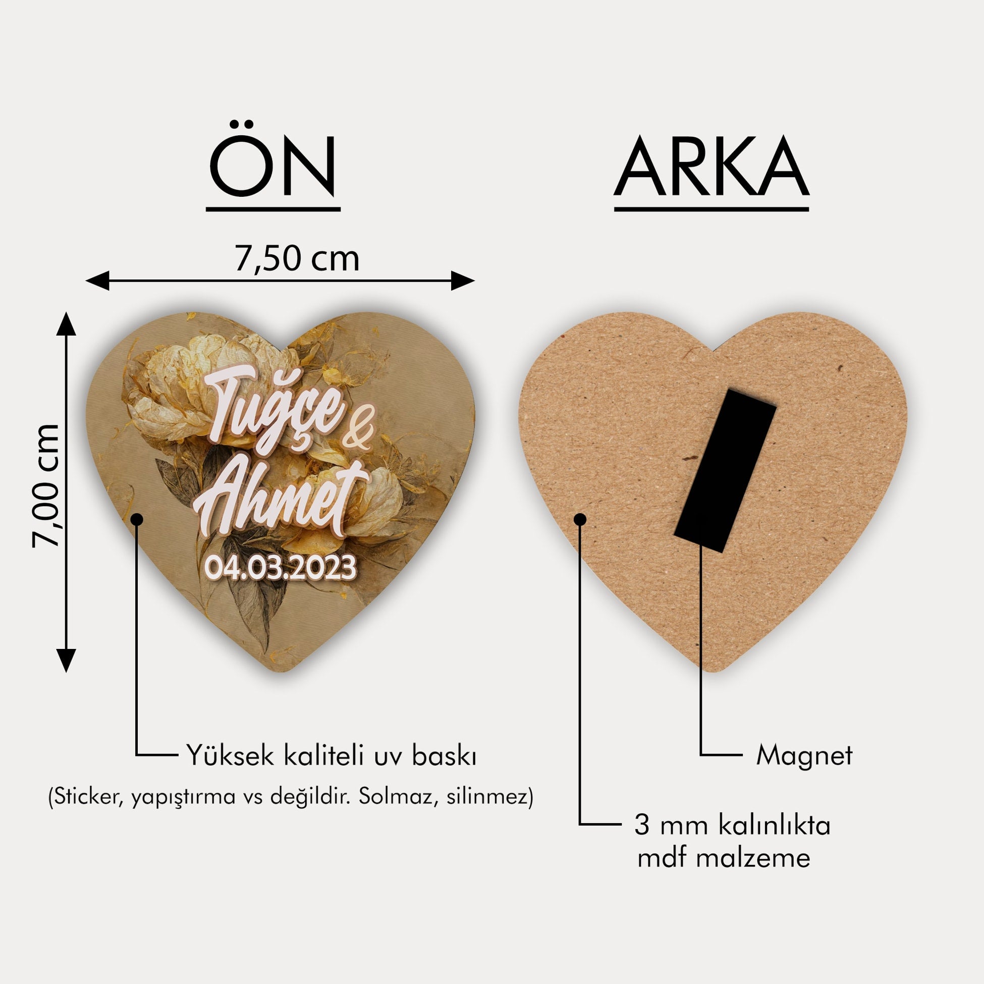 Kahverengi Karışık Çiçek Desenli Ahşap Magnet
