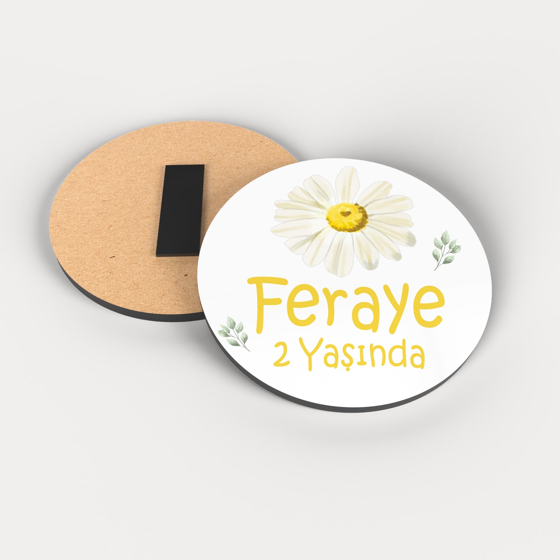 Papatya Desenli Yuvarlak Ahşap Magnet