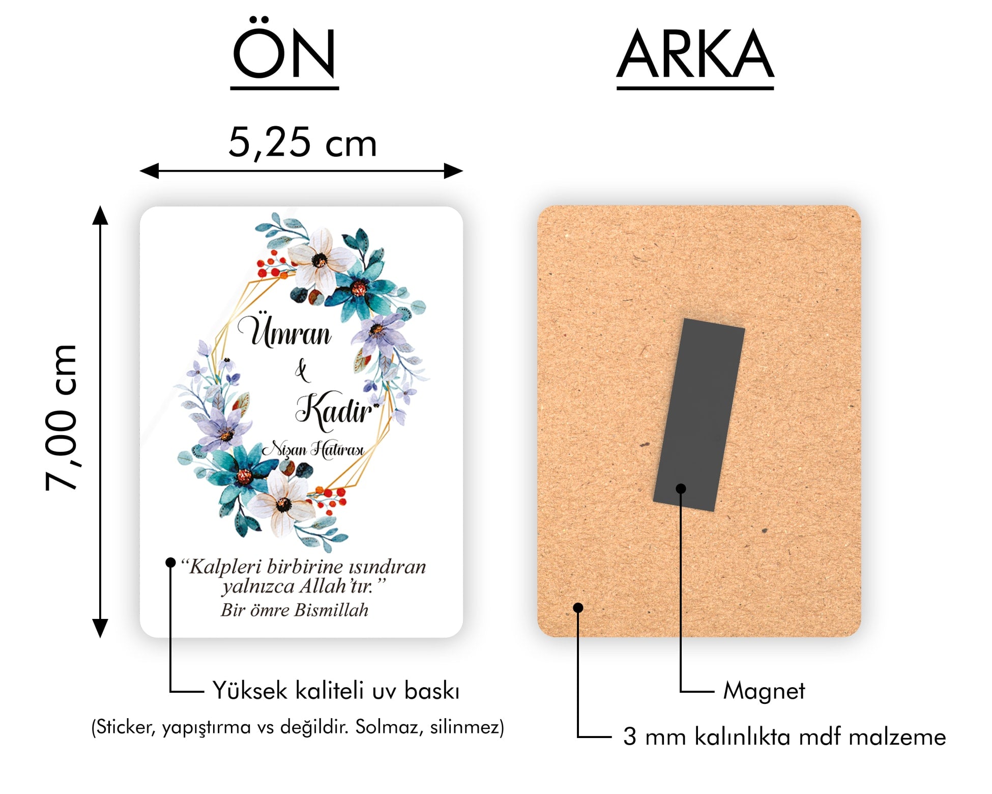 Mavi Çiçek Desenli Ahşap Magnet