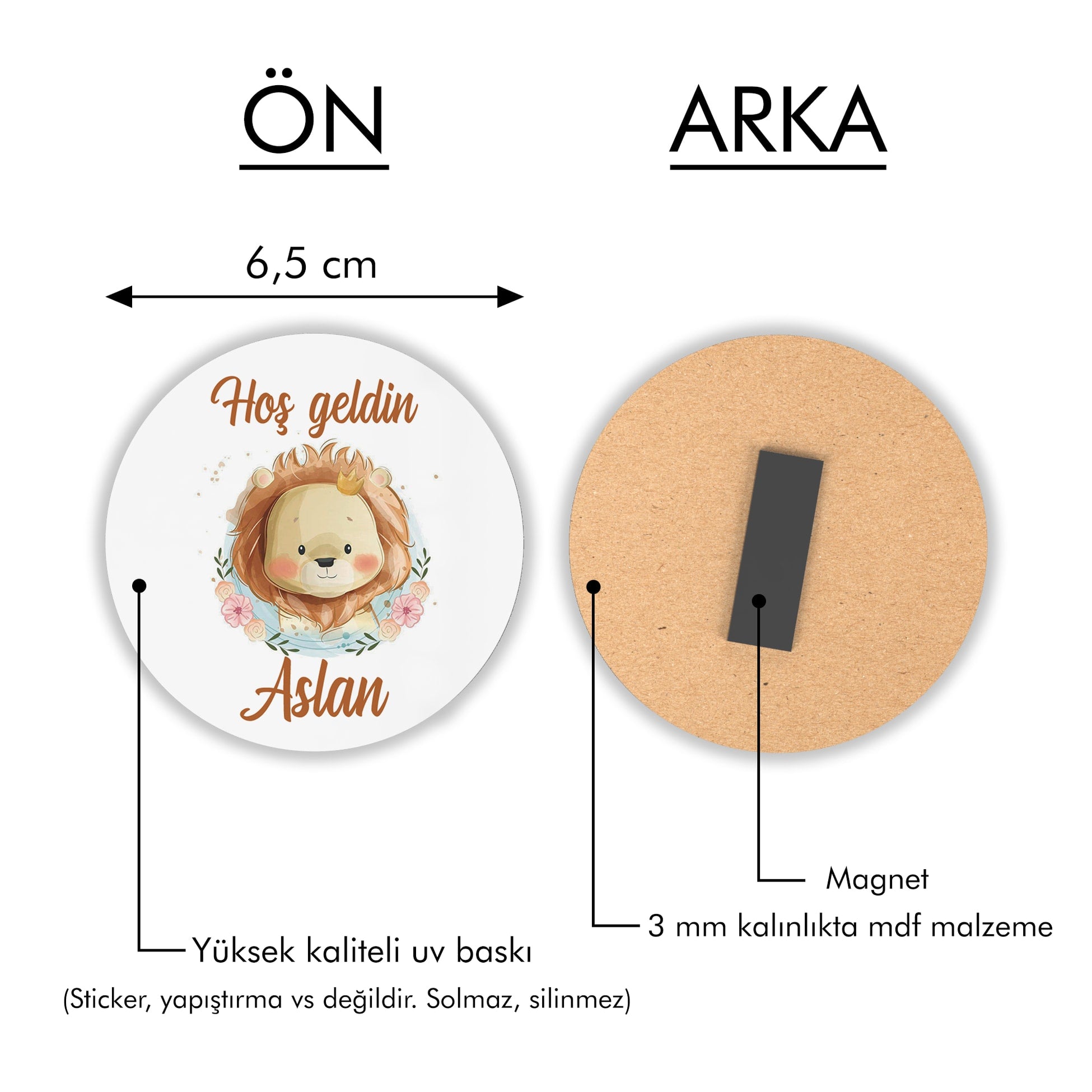 Aslan Temalı Yuvarlak Ahşap Magnet