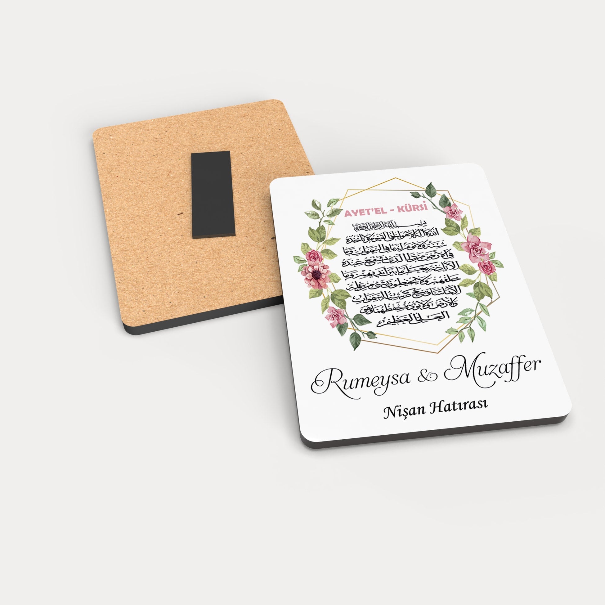 Pembe Çiçek Desenli Ahşap Magnet
