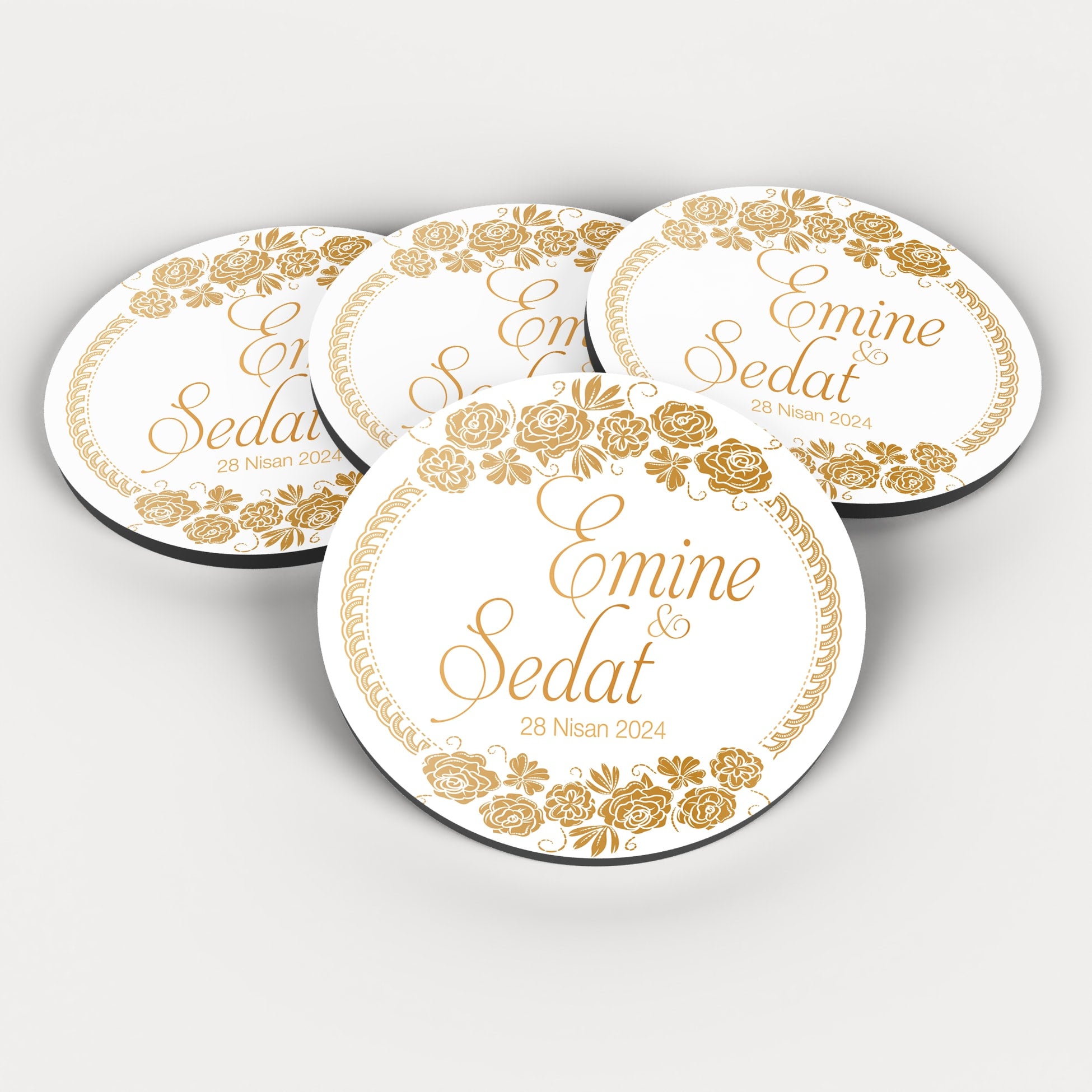 Gold Çiçekli Çerçeve Yuvarlak Ahşap Magnet