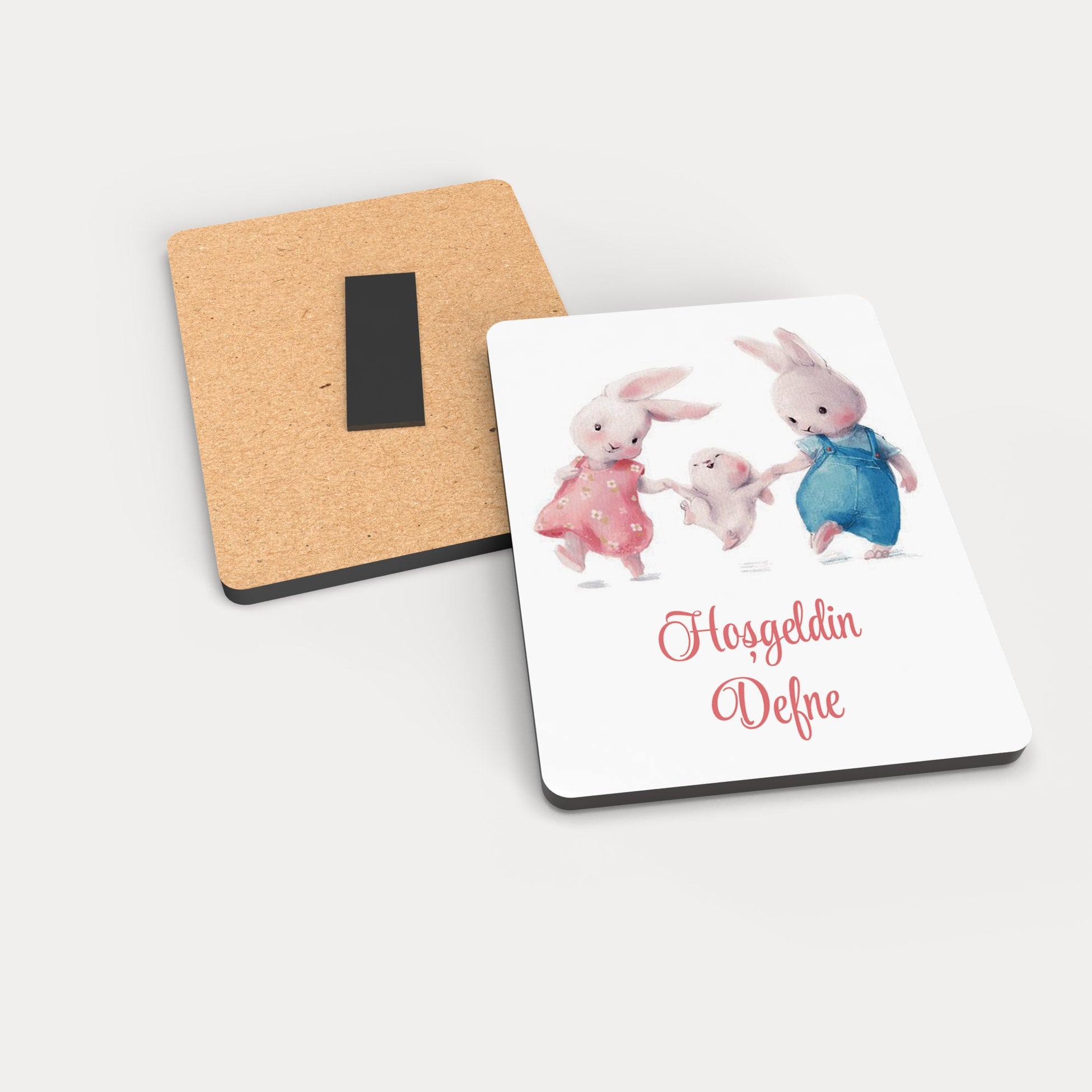Tavşan Ailesi Desenli Ahşap Magnet