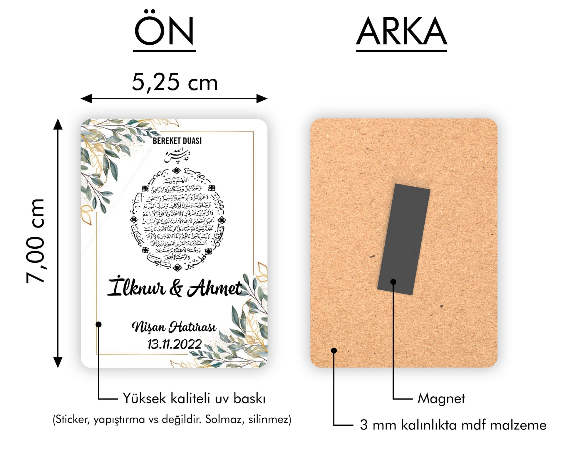Yeşil Yaprak Desenli Bereket Dualı Ahşap Magnet