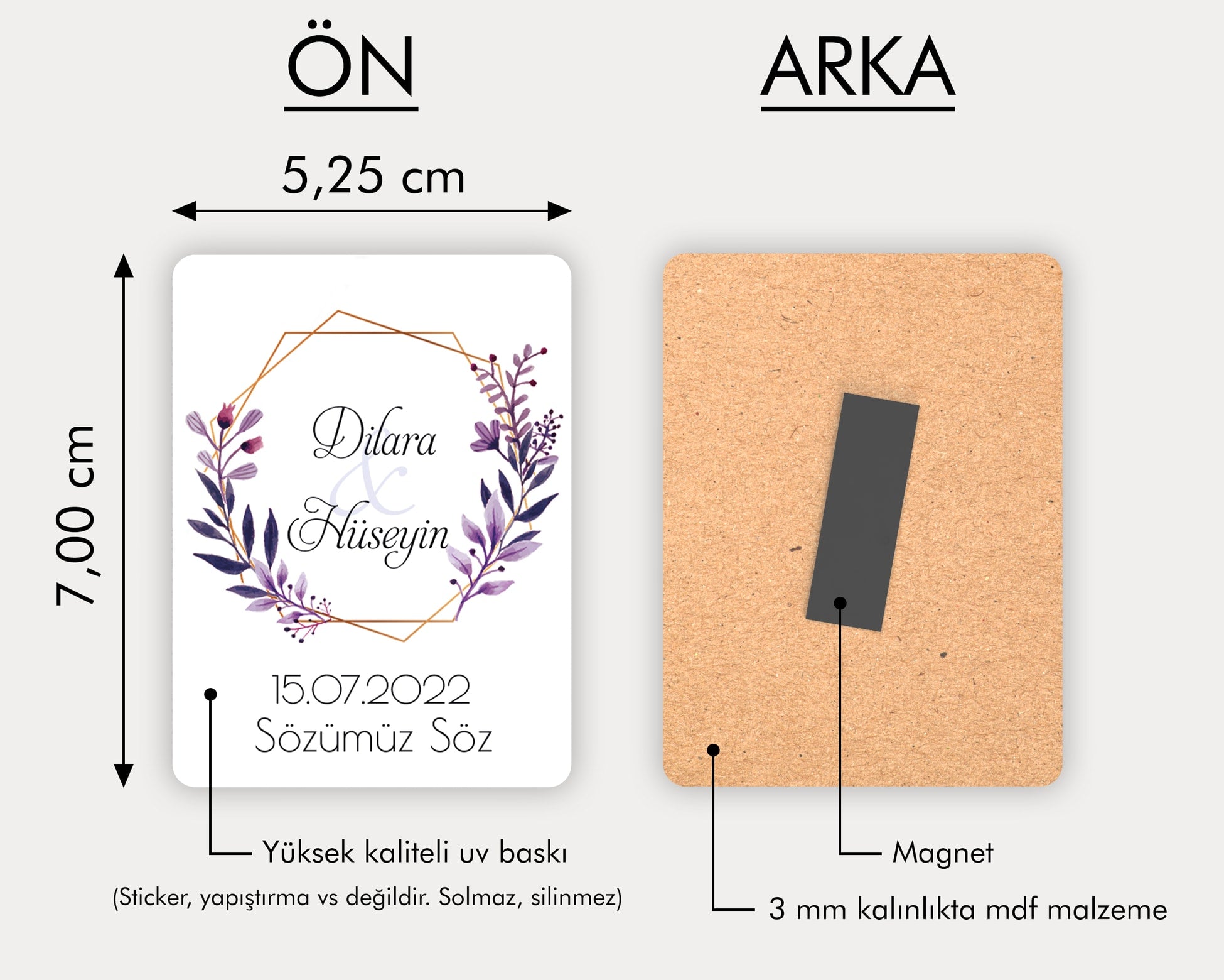 Mor Çiçek Desenli Ahşap Magnet