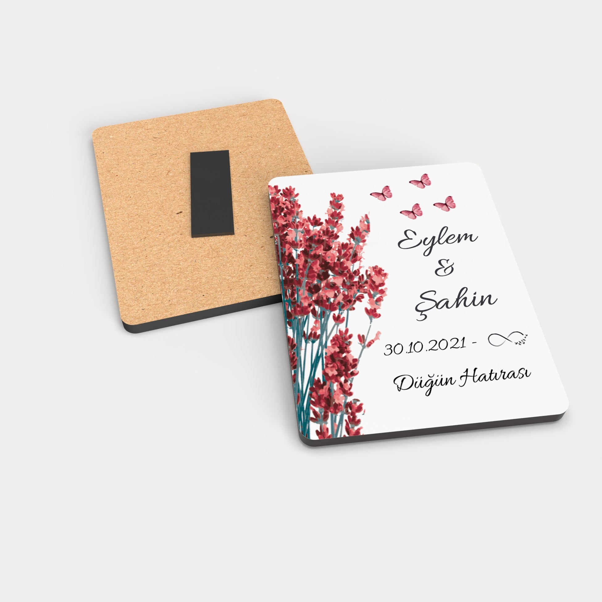 Kırmızı Lavanta Desenli Ahşap Magnet